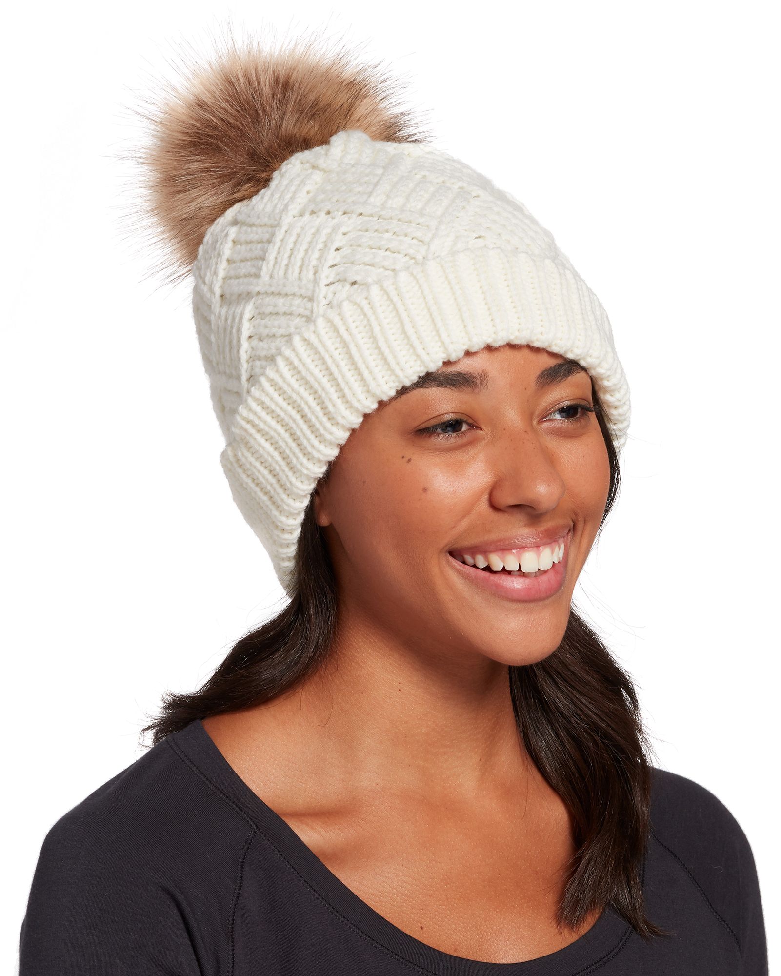 Northeast Outfitters Women's Cozy Diamond Weave Fur Pom Beanie