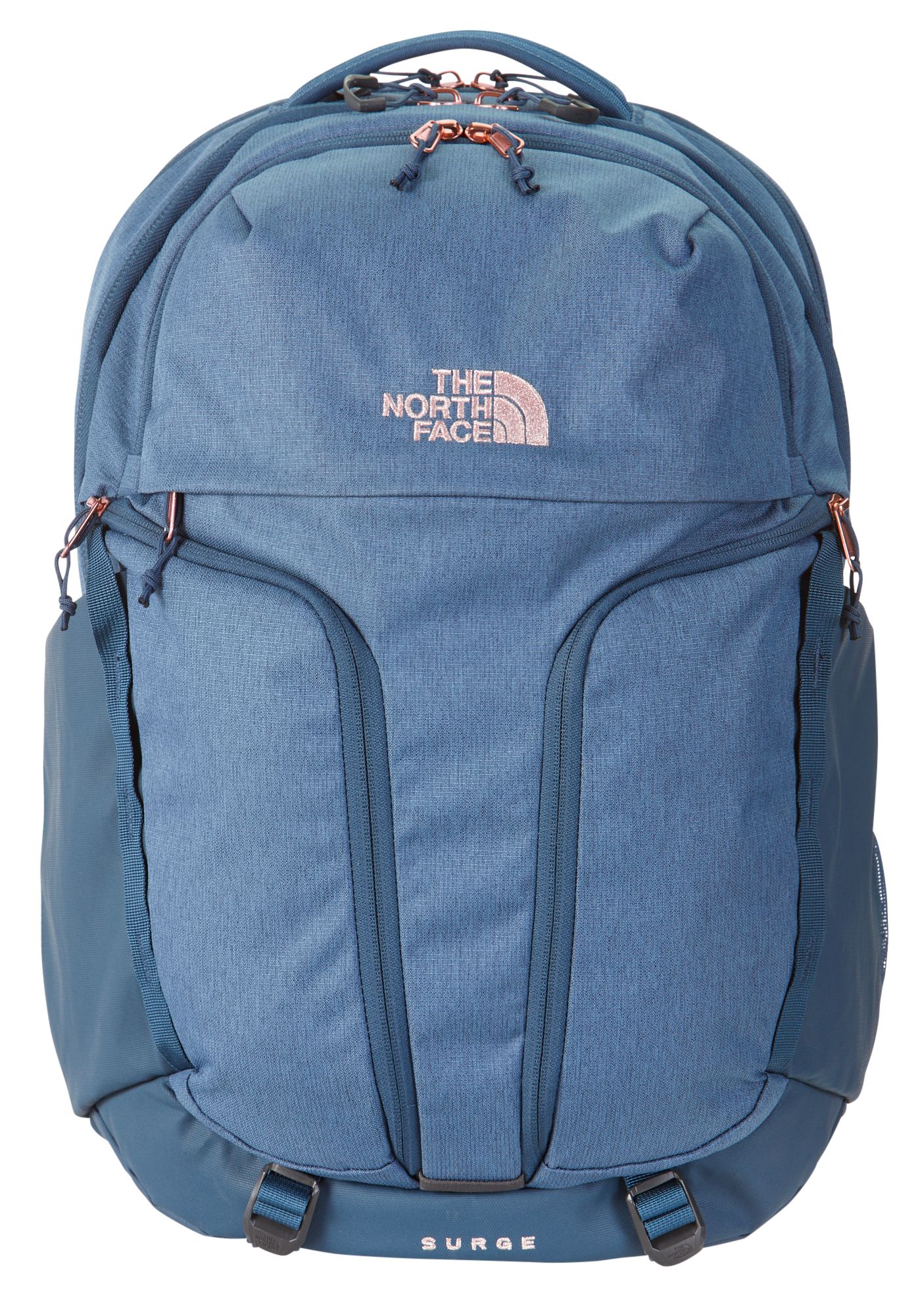 blue and rose gold north face backpack