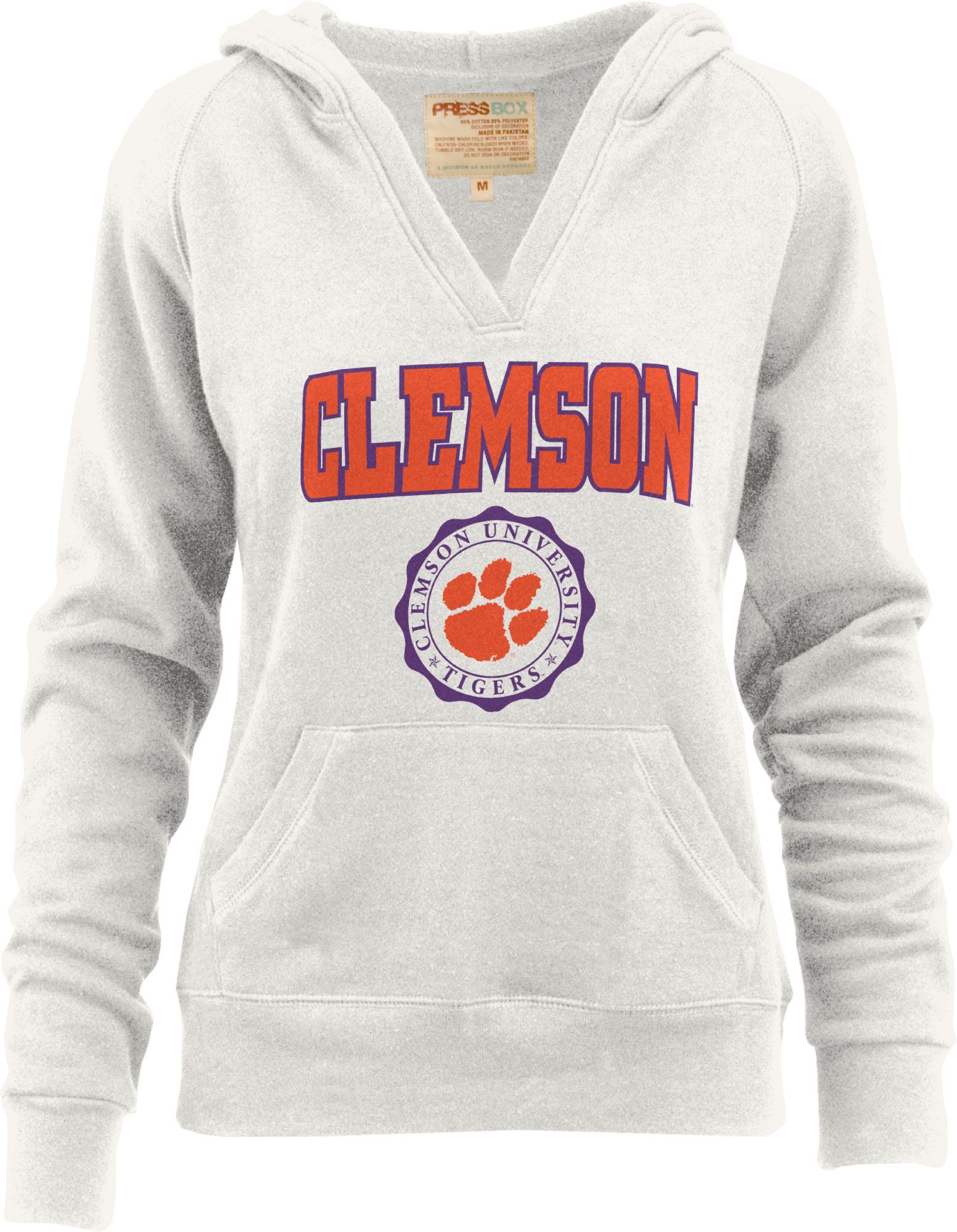 Pressbox Women's Clemson Tigers White Marilyn V-Neck Pullover Hoodie