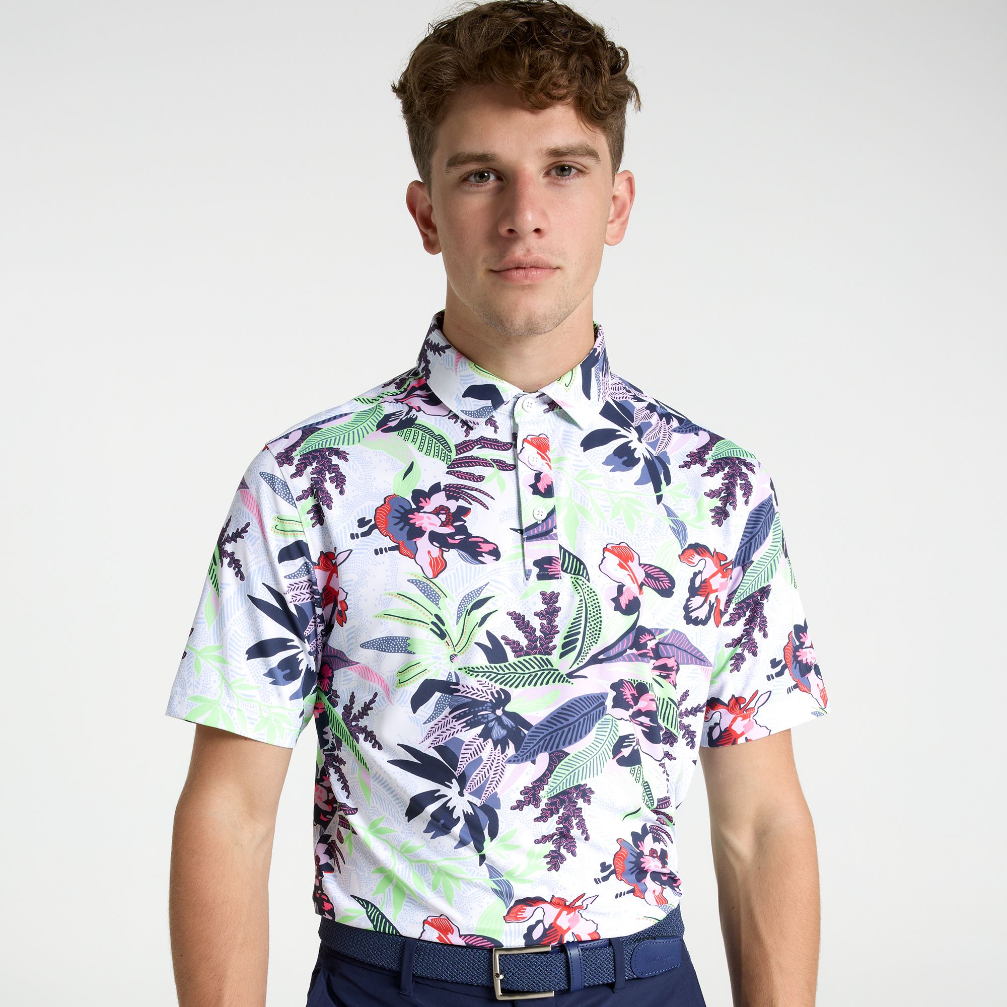 Walter Hagen Men's Performance 11 Printed Golf Polo, Medium, Lotus Flowers Multi White