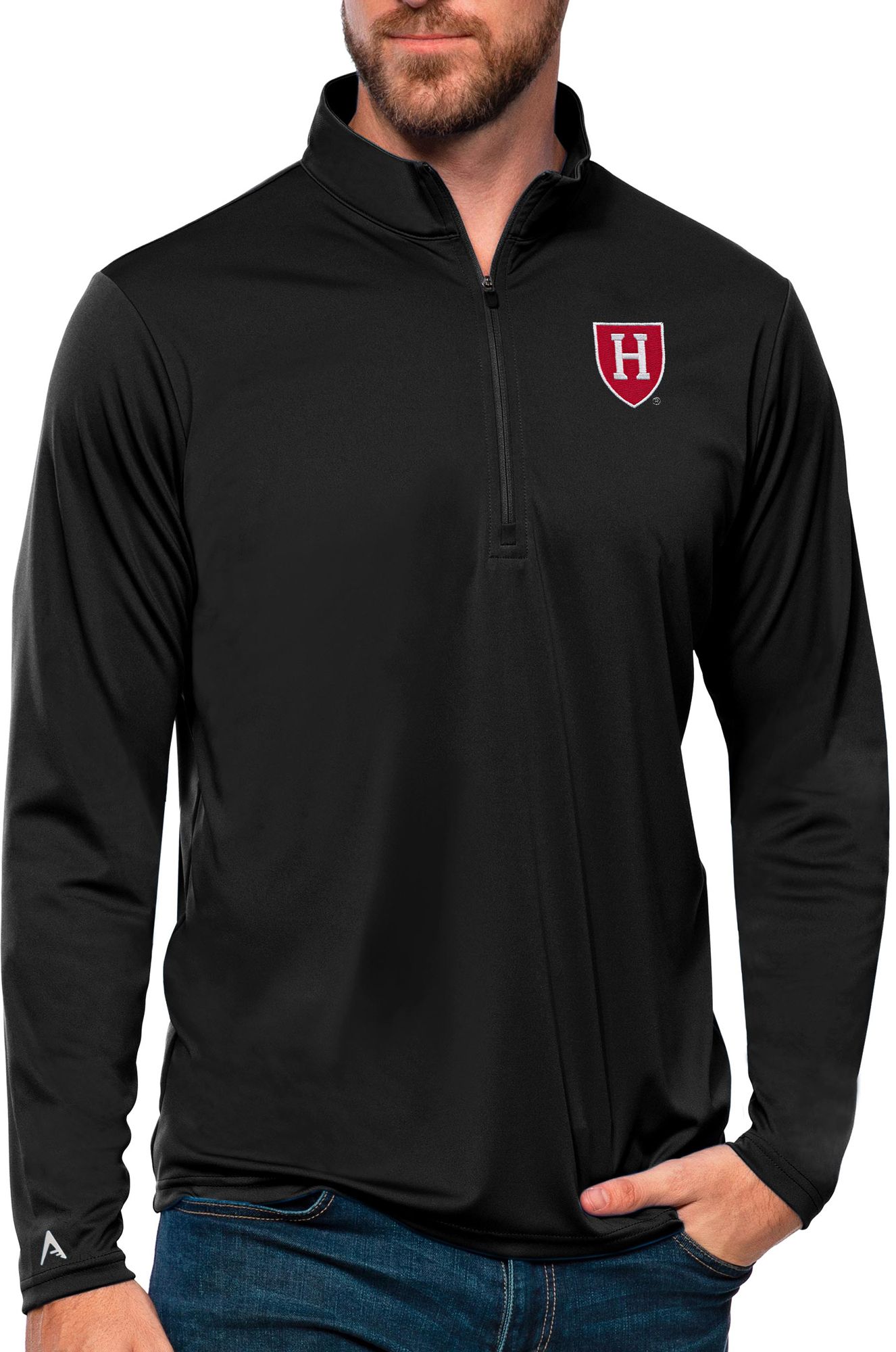 Antigua Men's Harvard Crimson Black Tribute 1/4 Zip Pullover