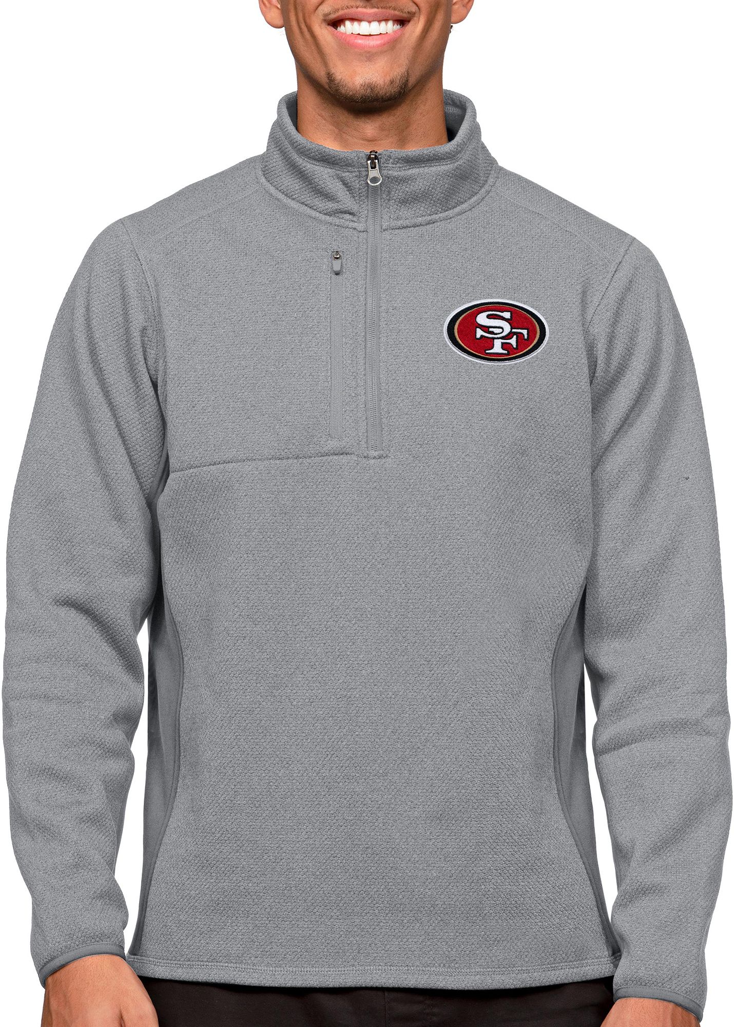 Antigua San Francisco 49ers Course Light Grey Heather Quarter-Zip Long Sleeve Pullover T-Shirt