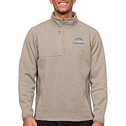 Antigua Los Angeles Chargers Course Oatmeal Heather Quarter-Zip Long Sleeve Pullover T-Shirt