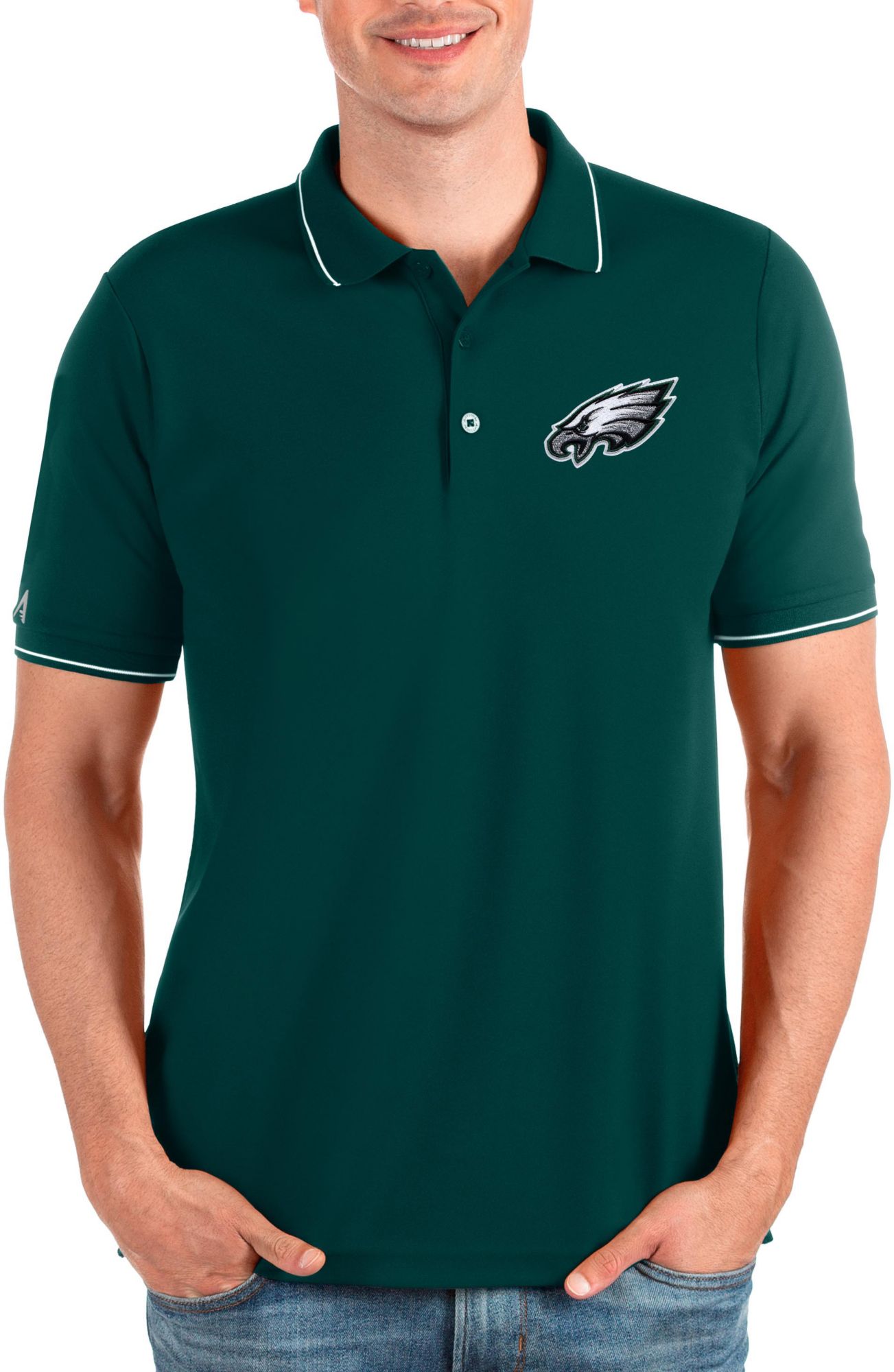 Antigua Philadelphia Eagles White Metallic Logo Nova Short Sleeve Polo, White, 100% POLYESTER, Size M, Rally House