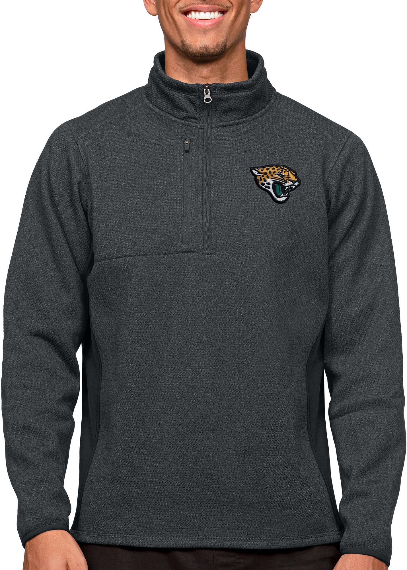 Antigua Jacksonville Jaguars Course Charcoal Heather Quarter-Zip Long Sleeve Pullover T-Shirt