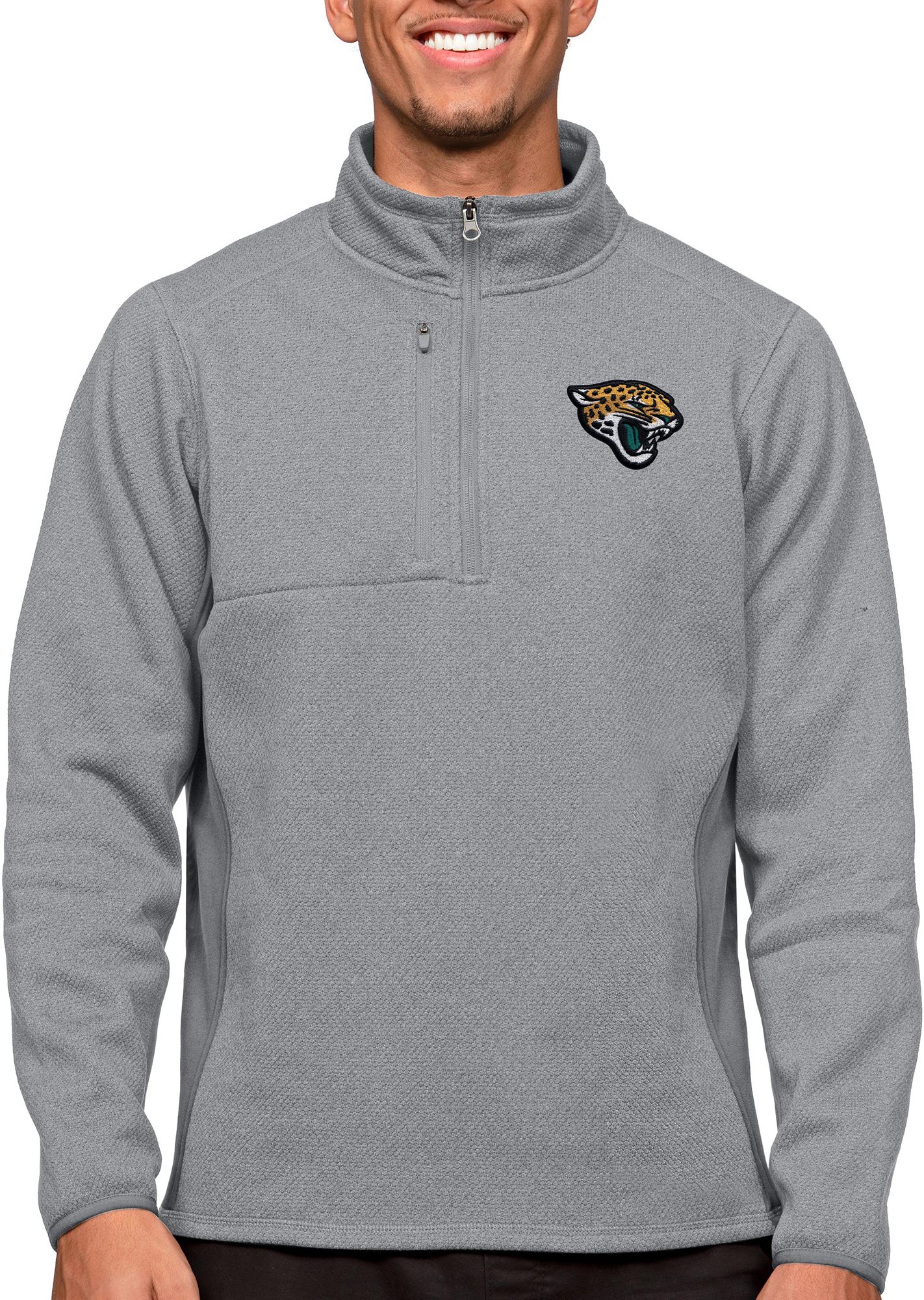 Antigua Jacksonville Jaguars Course Light Grey Heather Quarter-Zip Long Sleeve Pullover T-Shirt - Jacksonville Merchandise