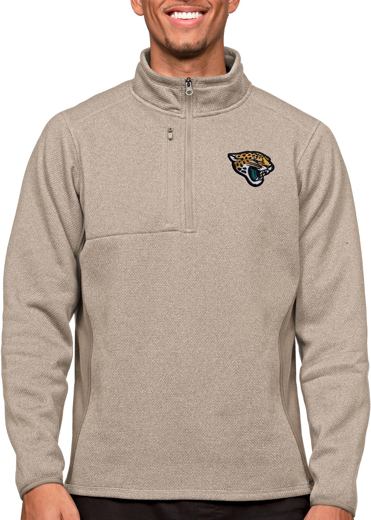 Antigua Jacksonville Jaguars Oatmeal Heather Quarter-Zip Long Sleeve Pullover T-Shirt for Jacksonville Merchandise