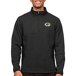 Antigua Green Bay Packers Course Black Heather Quarter-Zip Long Sleeve Pullover T-Shirt