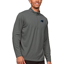 Antigua Carolina Panthers Course Charcoal Heather Quarter-Zip Long Sleeve Pullover T-Shirt