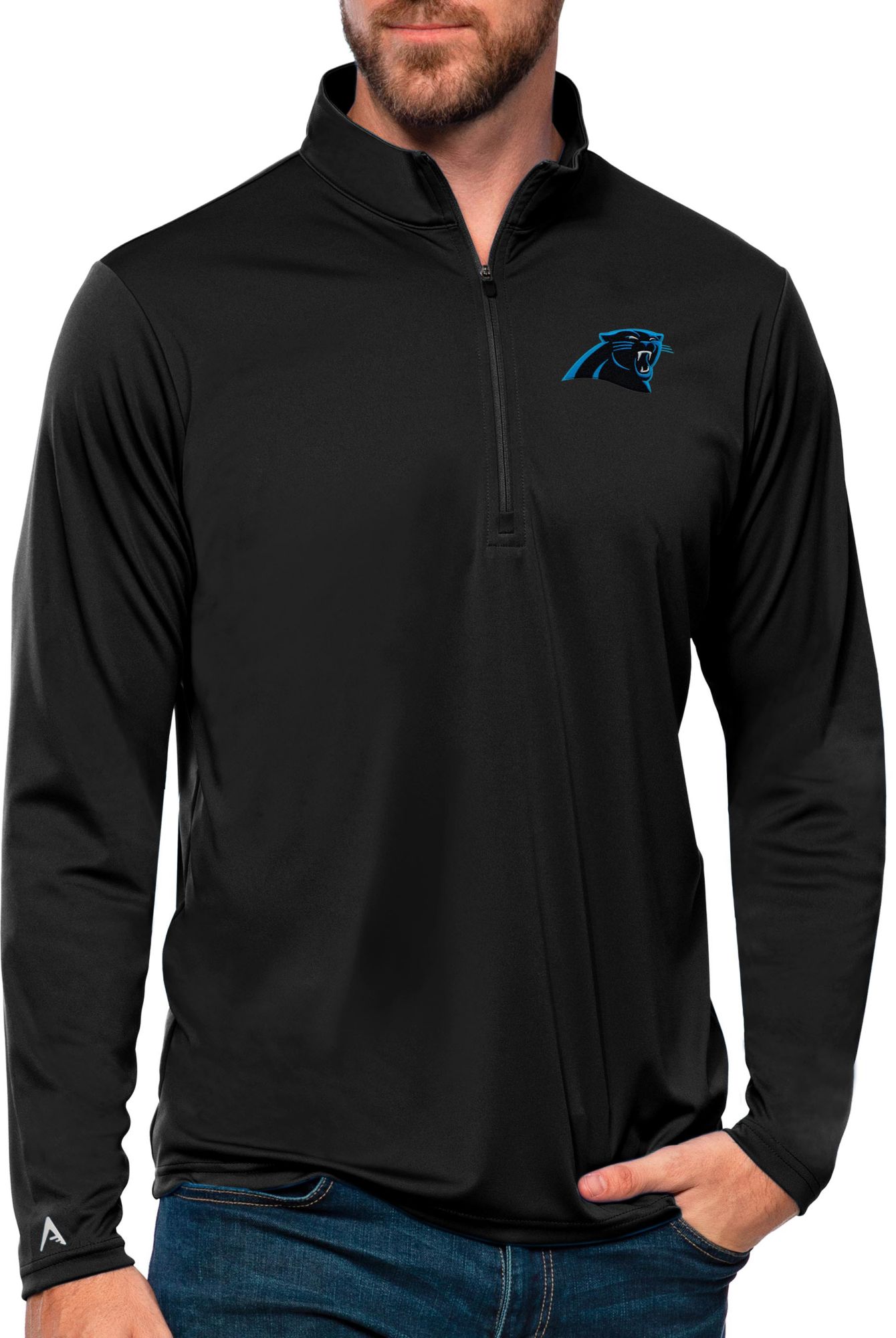 Antigua Men's Carolina Panthers Tribute Black Quarter-Zip Pullover Jacket