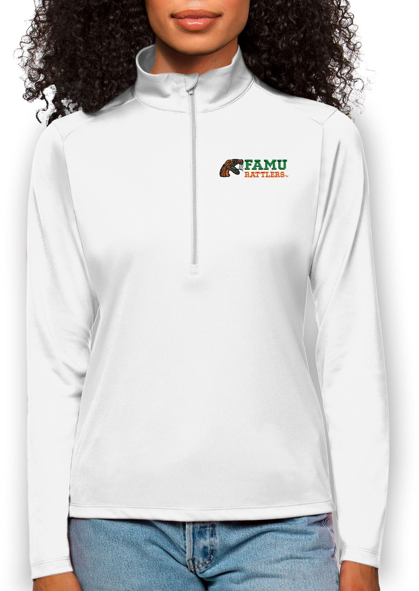 Antigua Women's Florida A&M Rattlers White Tribute 1/4 Zip Jacket