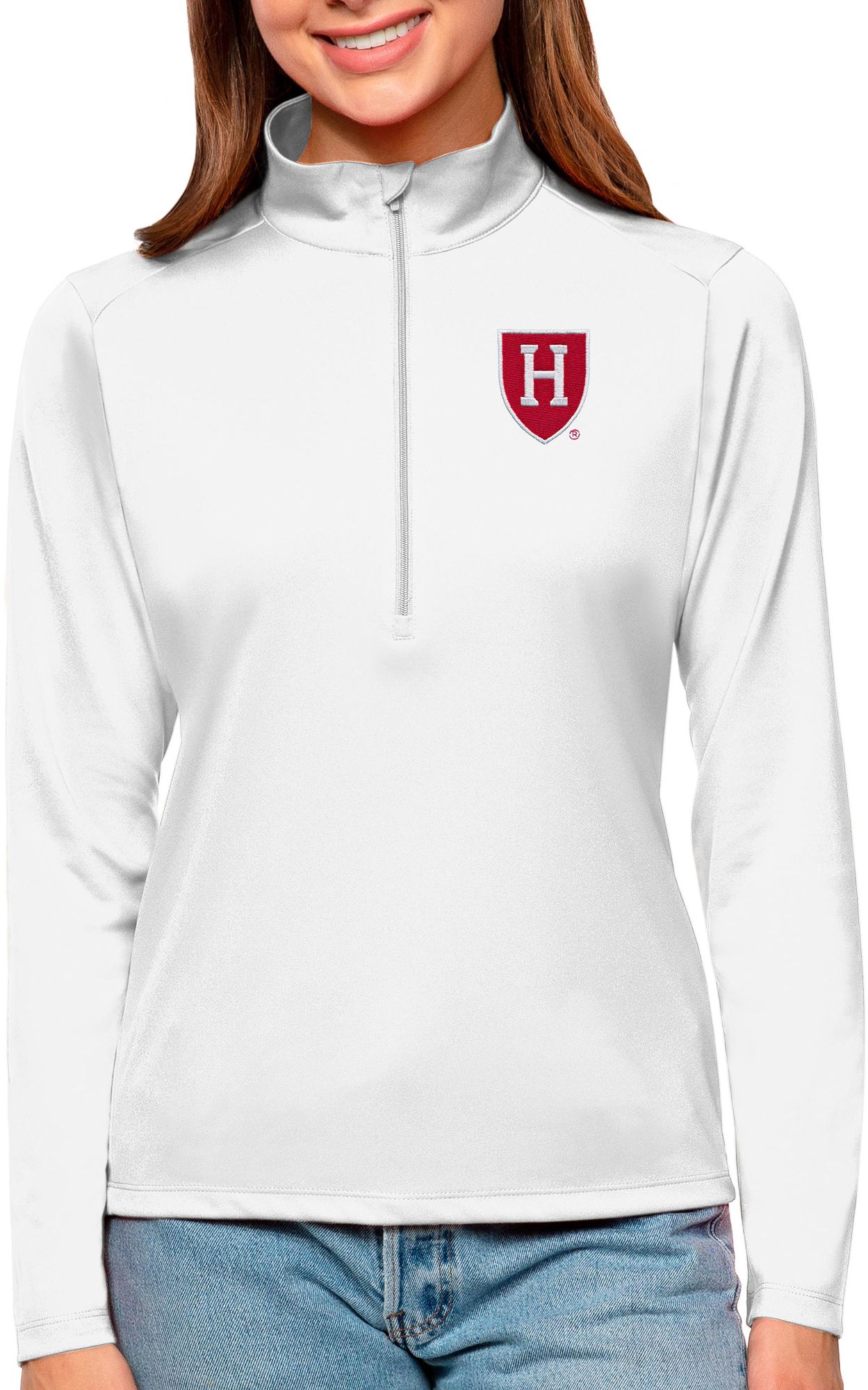 Antigua Women's Harvard Crimson White Tribute Quarter-Zip Shirt