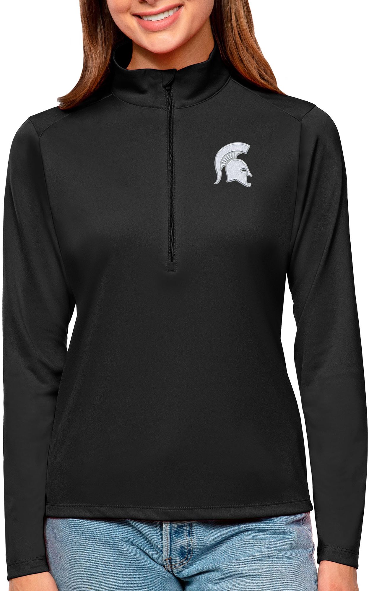 Antigua Women's Michigan State Spartans Black Tribute Quarter-Zip Shirt