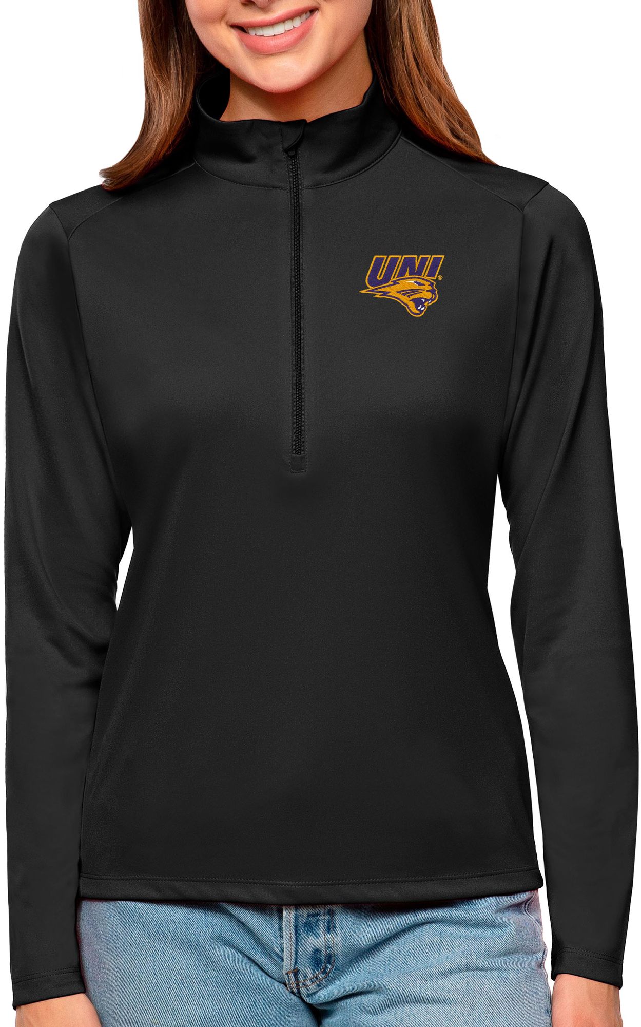 Antigua Women's Northern Iowa Panthers  Black Tribute Quarter-Zip Shirt