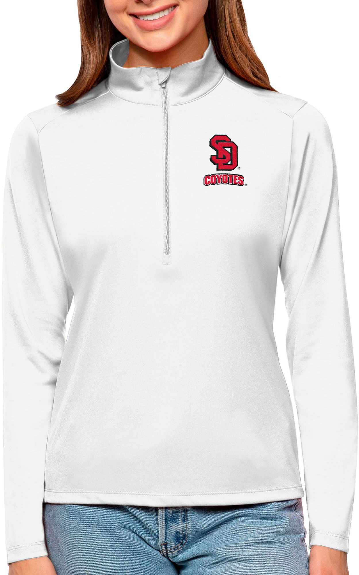 Antigua Women's South Dakota Coyotes White Tribute Quarter-Zip Shirt