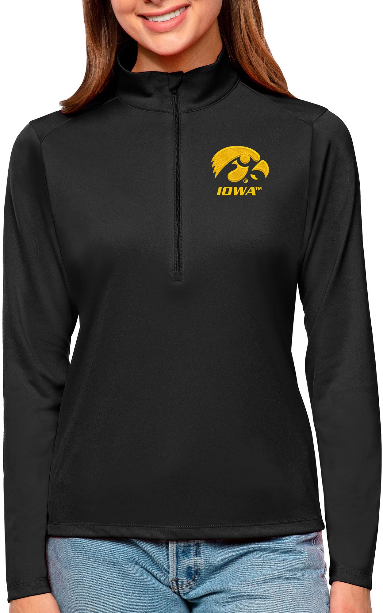 Antigua Women's Iowa Hawkeyes Black Tribute Quarter-Zip Shirt