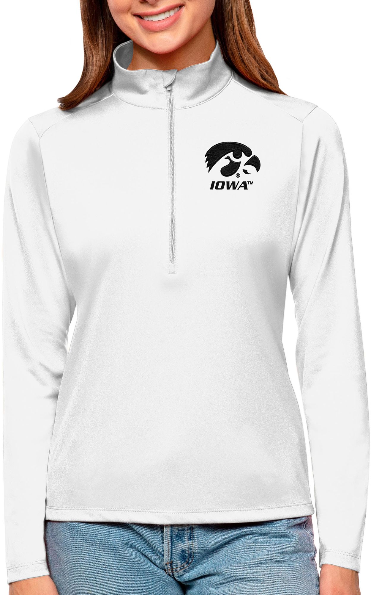 Antigua Women's Iowa Hawkeyes White Tribute Quarter-Zip Shirt