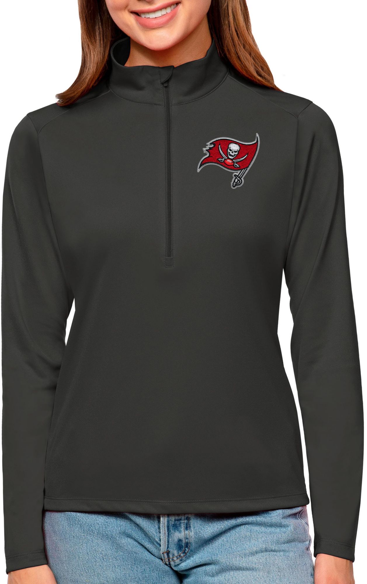 Antigua Women's Tampa Bay Buccaneers Tribute Grey 1/4-Zip Pullover