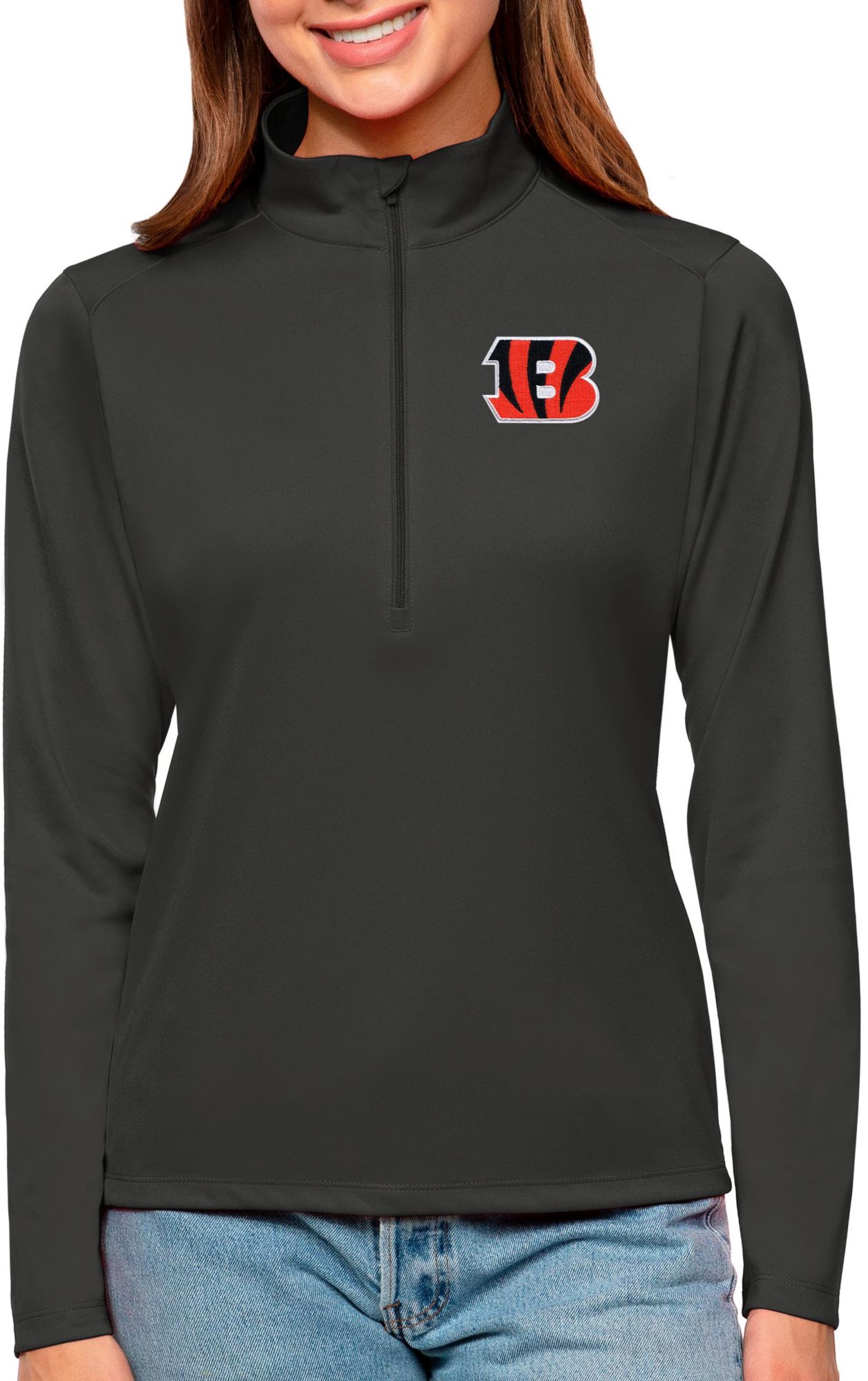 Antigua Women's Cincinnati Bengals Tribute Grey 1/4-Zip Pullover