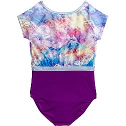 Rainbeau Moves Head in The Clouds Print Short Sleeve Leotard with Keyhole