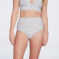 Women's High Waisted Bikini - Hot Pants / Stripy Crop Top / Black / White