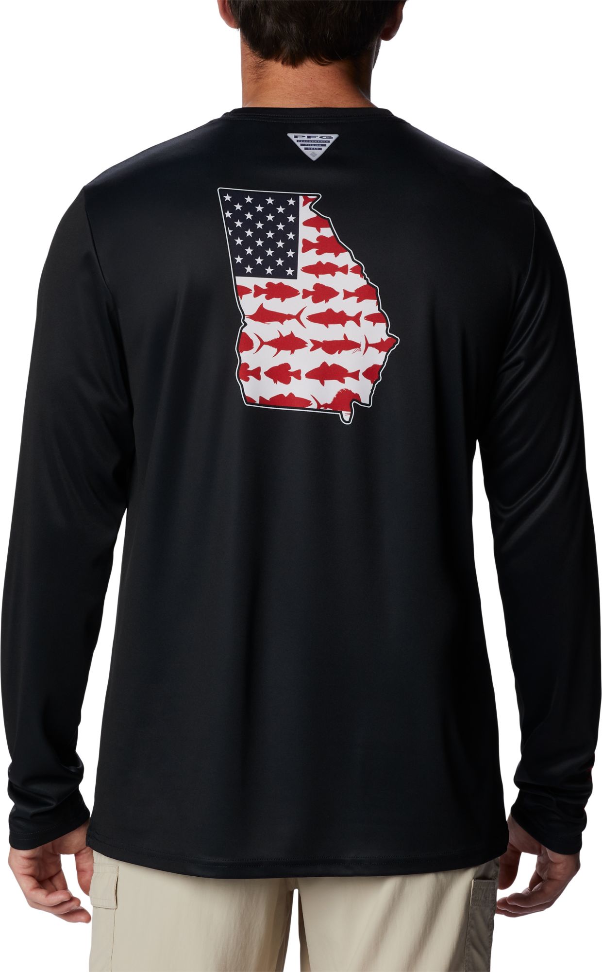 Columbia Men's Americana Saltwater Fish Flag Long Sleeve T-Shirt - PFG Fishing Shirt, 100% Cotton, Crew Neck