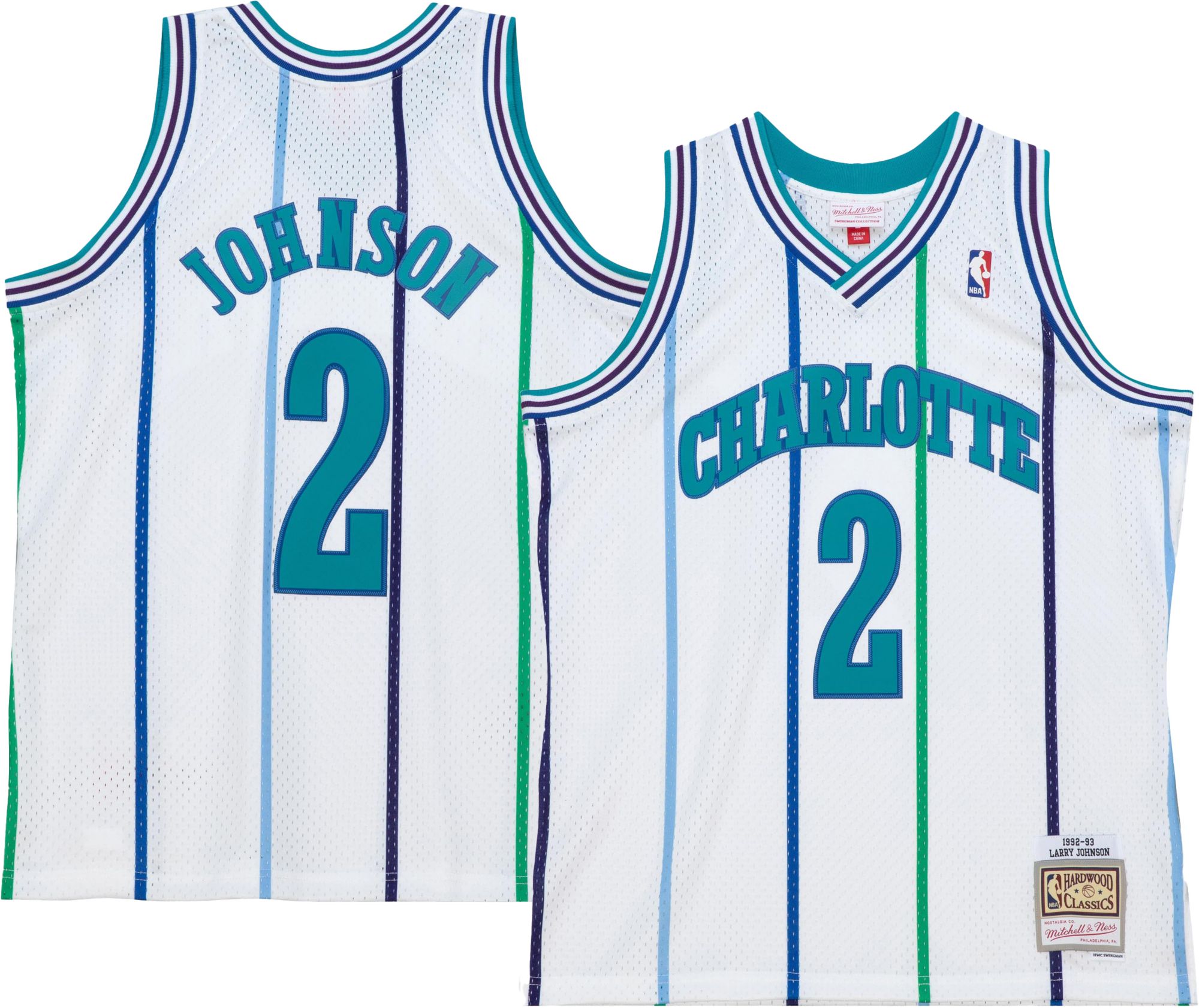 Mitchell &amp; Ness Men's 1992 Charlotte Hornets Larry Johnson #2 White Hardwood Classics Swingman Jersey