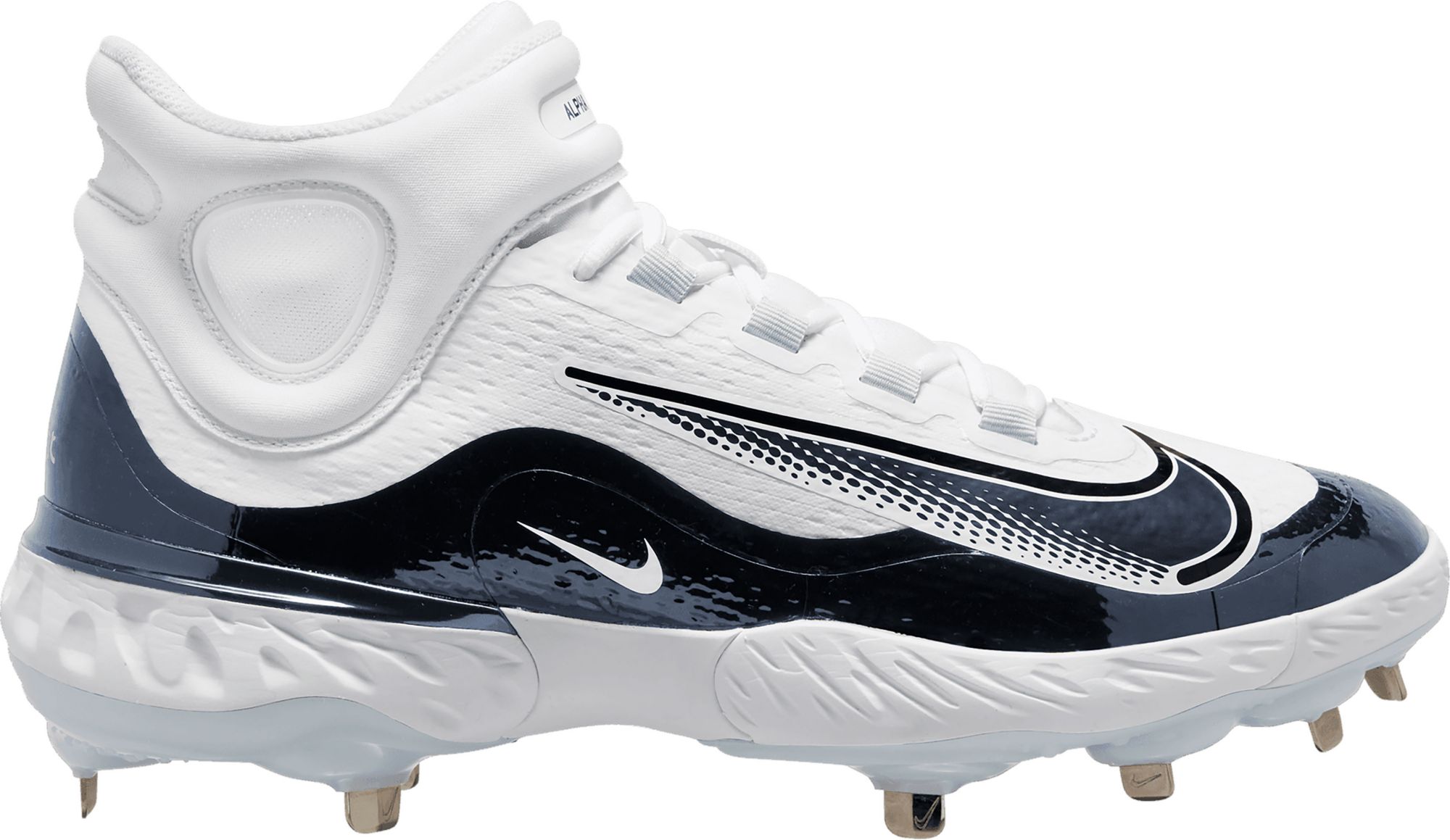 Nike Men’s Alpha Huarache Elite 4 Mid Metal Baseball Cleats, Size 8.5, White/Navy