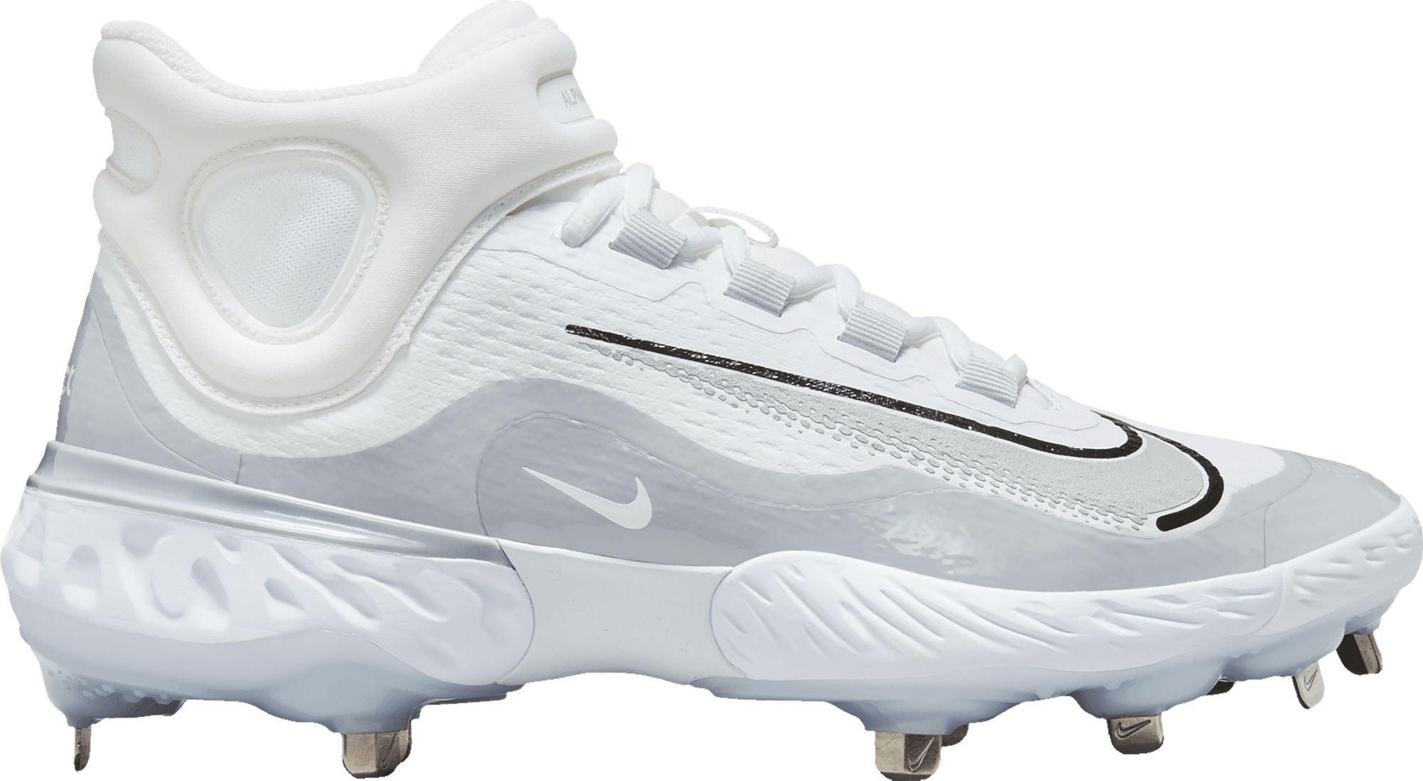 Nike Men’s Alpha Huarache Elite 4 Mid Metal Baseball Cleats, Size 9.5, White/Wolf Grey/Platinum