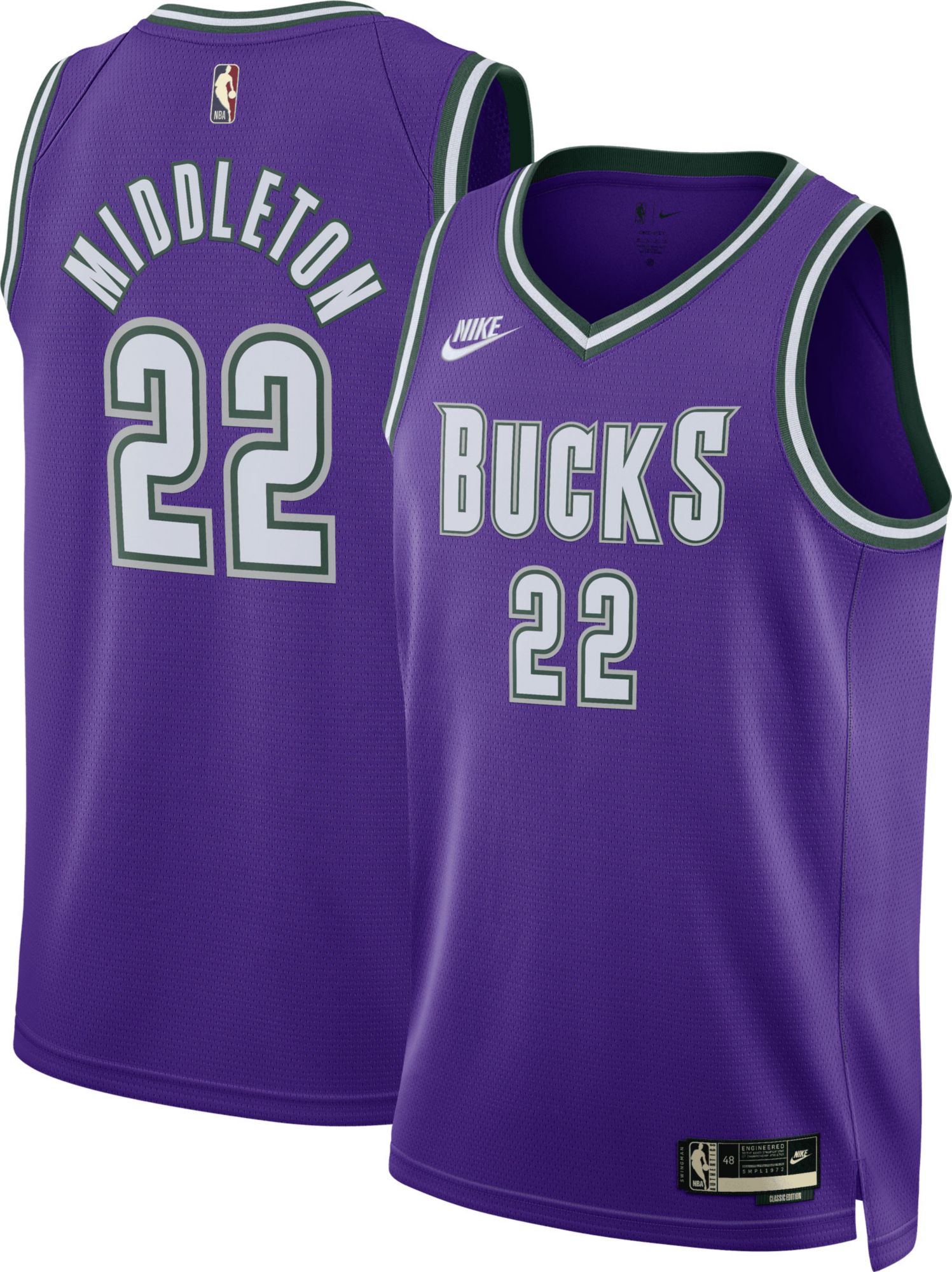 Nike Men's Milwaukee Bucks Khris Middleton #22 Purple Hardwood Classic Dri-FIT Swingman Jersey