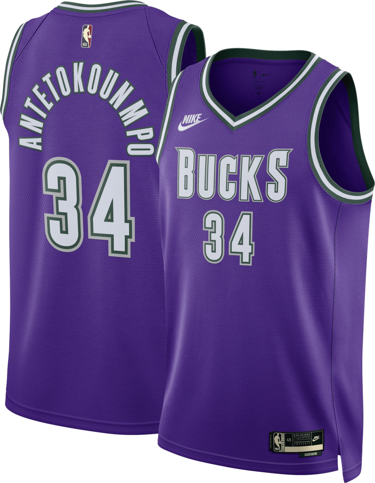 Nike Men's Milwaukee Bucks Giannis Antetokounmpo #34 Purple Hardwood Classic Dri-FIT Swingman Jersey