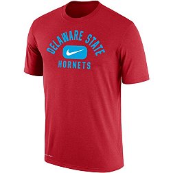 Nike Men's Delaware State Hornets Red Dri-FIT Cotton Swoosh in Pill T-Shirt