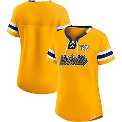 NHL Women's Nashville Predators Iconic Athena Yellow Gold Lace-Up T-Shirt