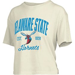 Pressbox Women's Delaware State Hornets White Knobie Crop T-Shirt