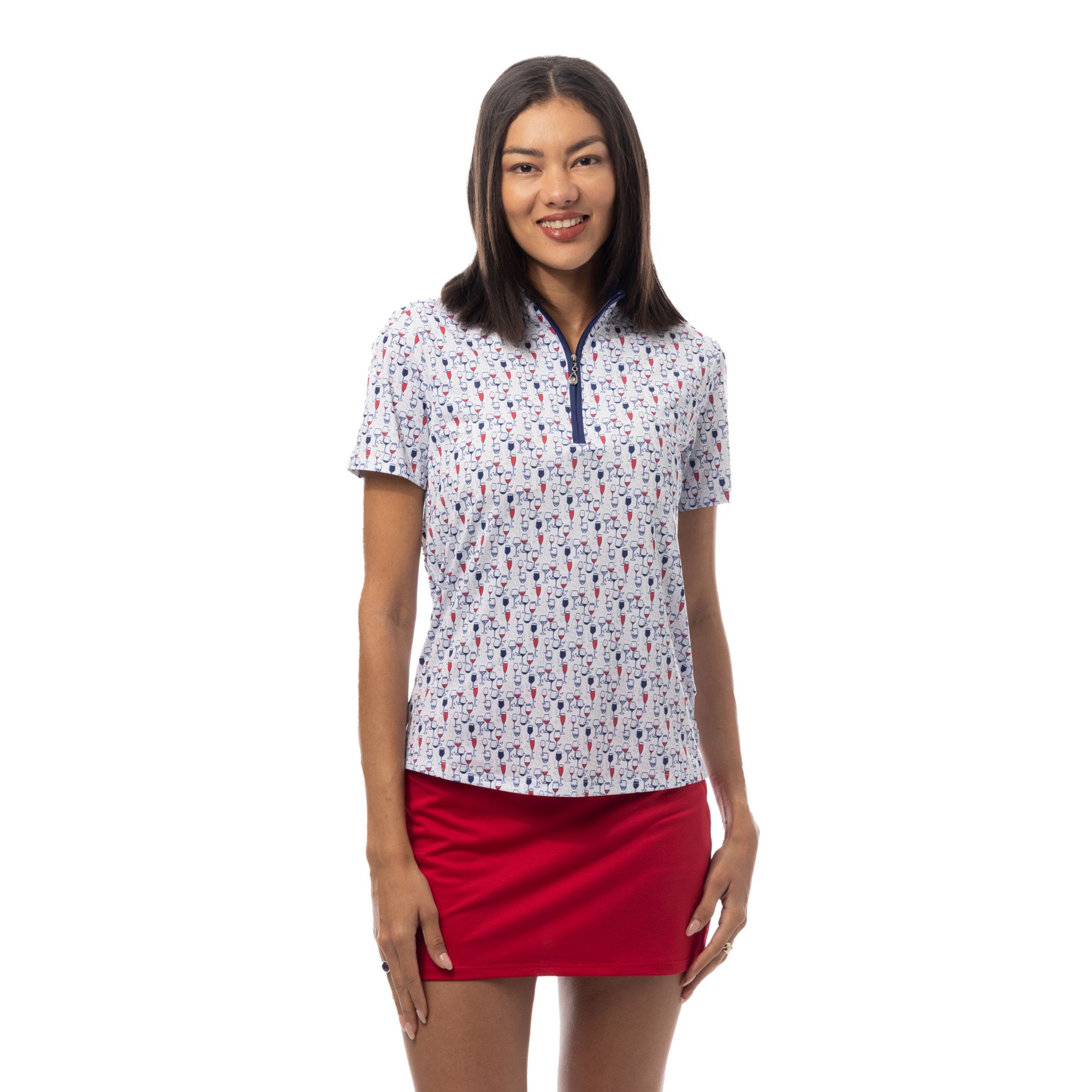 SanSoleil Women's Printed Short Sleeve Mock Neck Golf Polo