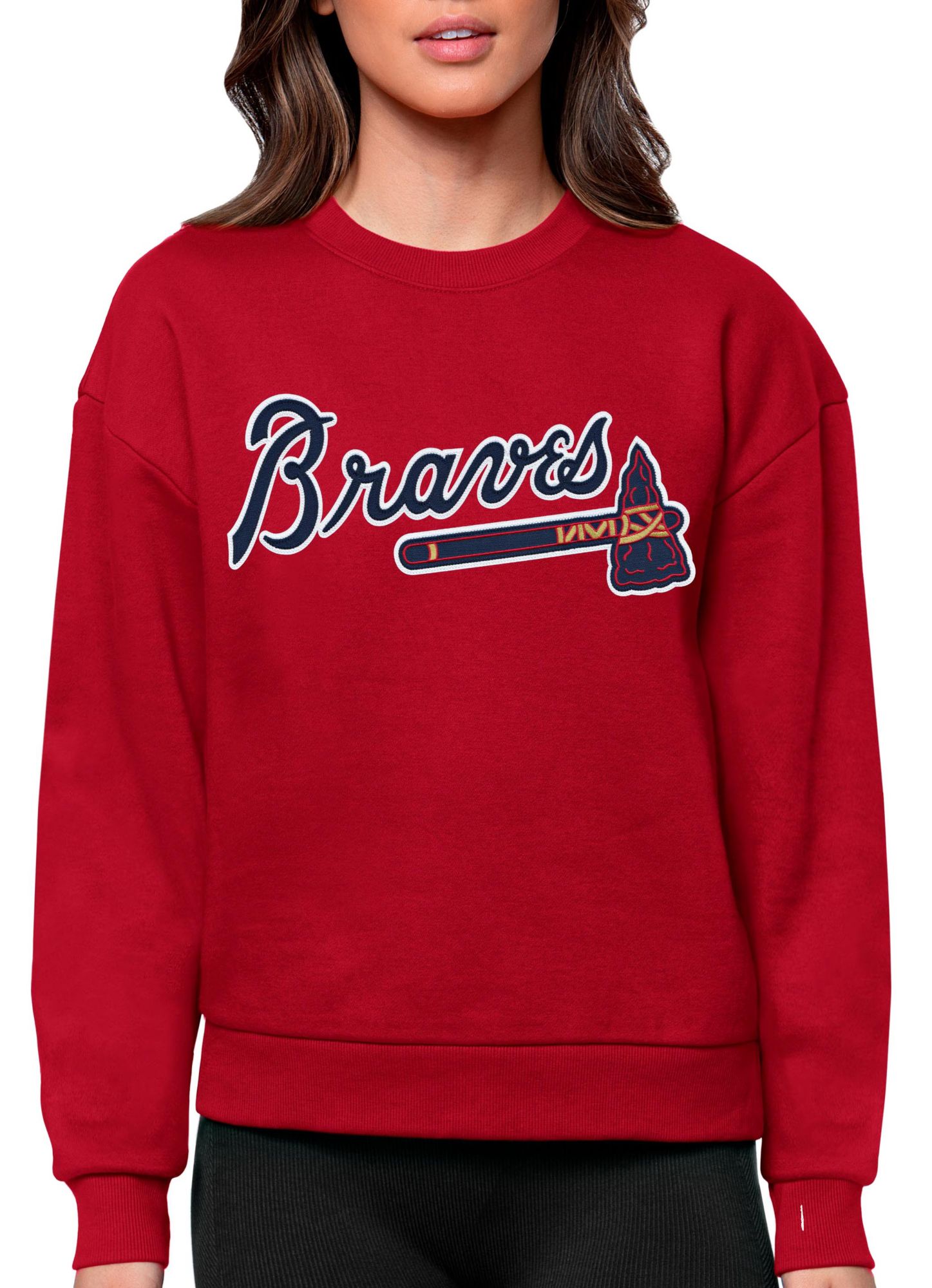 Antigua Atlanta Braves Women's White Metallic Logo Victory Hooded Sweatshirt, White, 65% Cotton / 35% POLYESTER, Size XL, Rally House