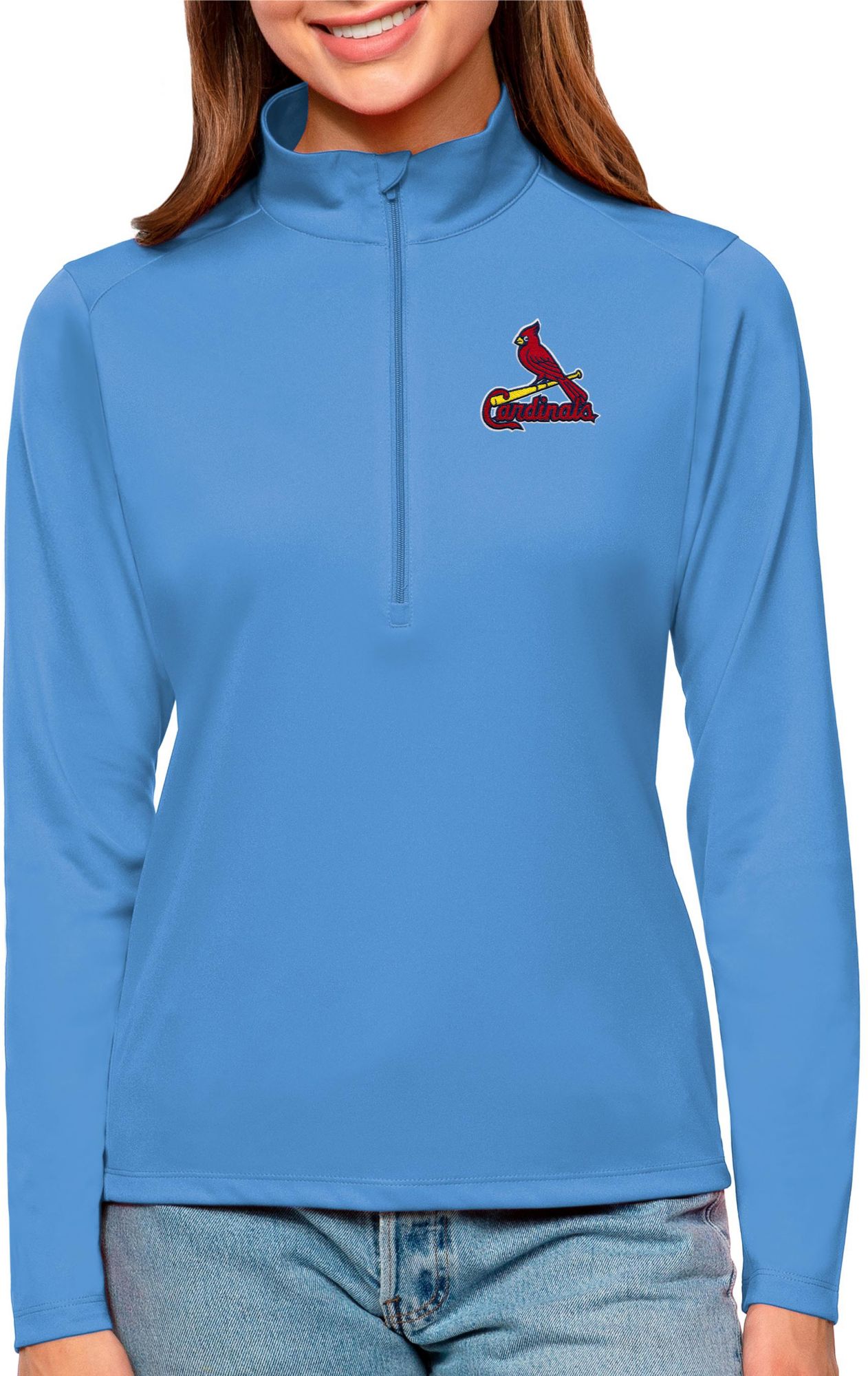 Antigua Women's St. Louis Cardinals Blue Tribute 1/2 Zip Pullover
