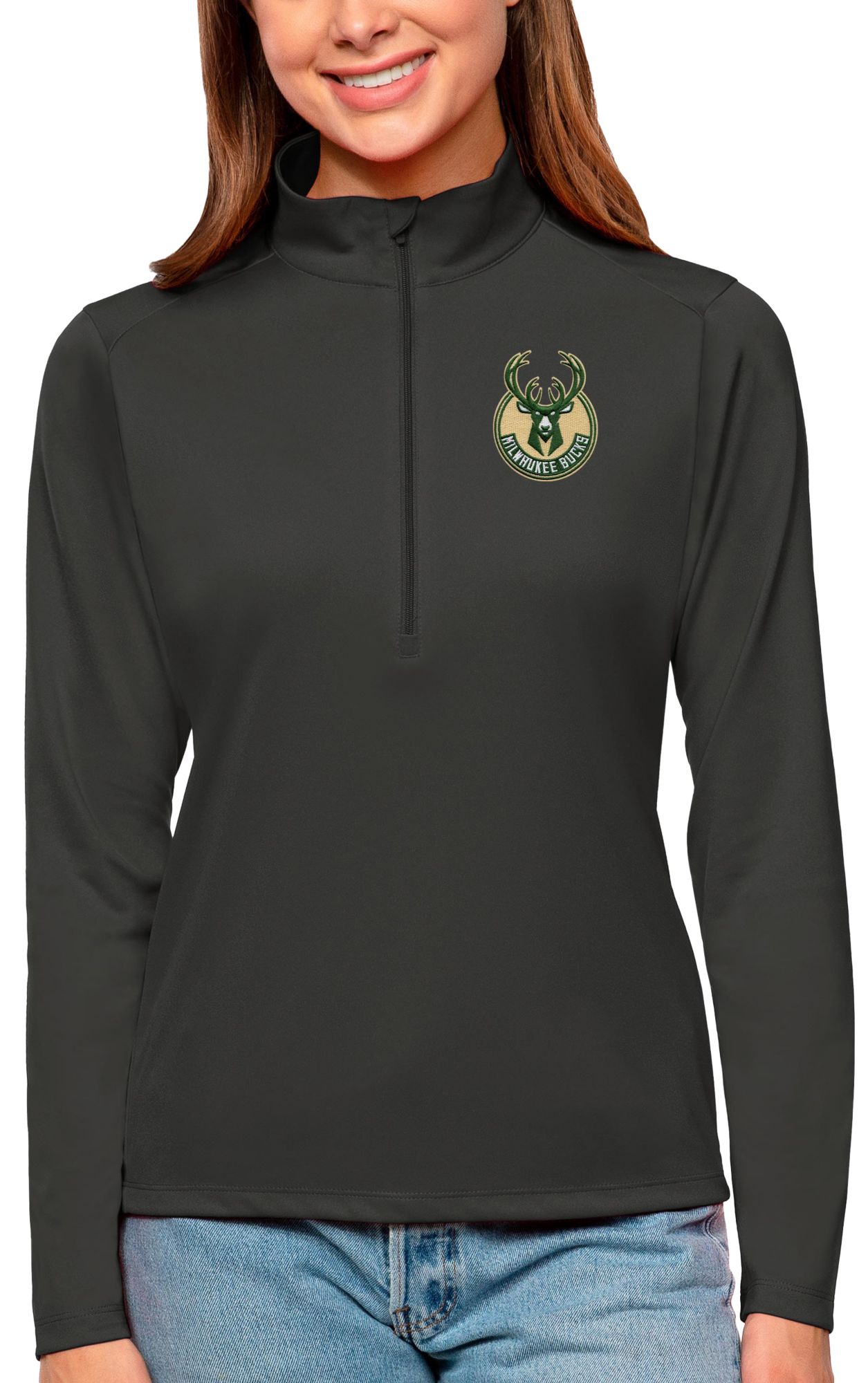 Antigua Women's Milwaukee Bucks Tribute Grey Pullover Sweater
