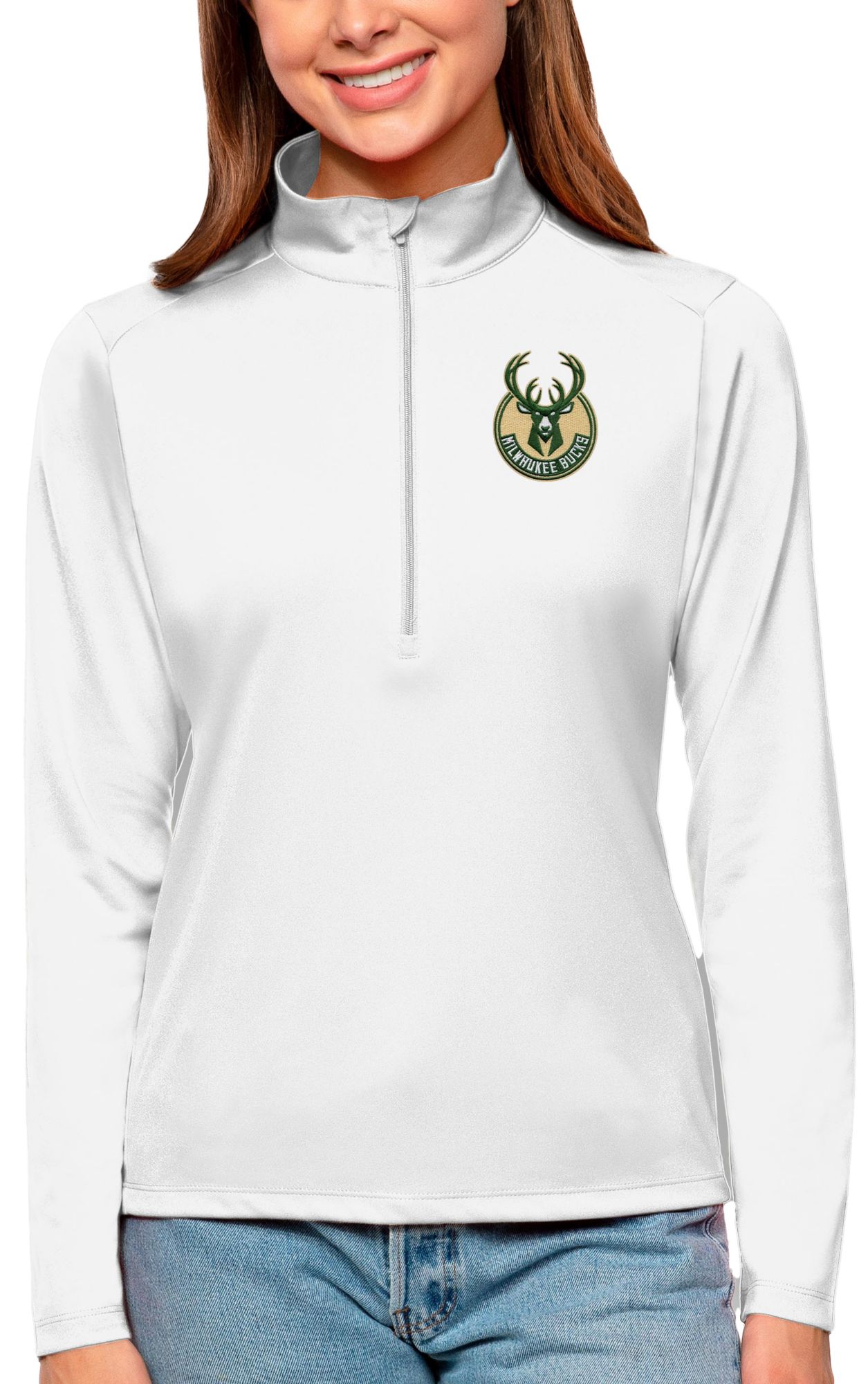 Antigua Women's Milwaukee Bucks Tribute White Pullover Sweater