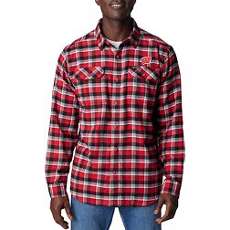 Columbia Men's Wisconsin Badgers Red Plaid Flare Gun Flannel Button Down Long Sleeve Shirt