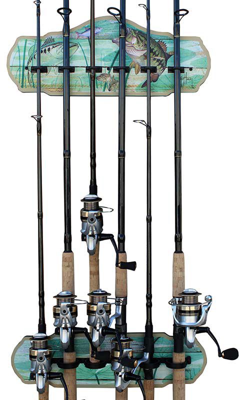 Rush Creek Guy Harvey Bass Fishing Wall Storage Rack 6 Rod Holder