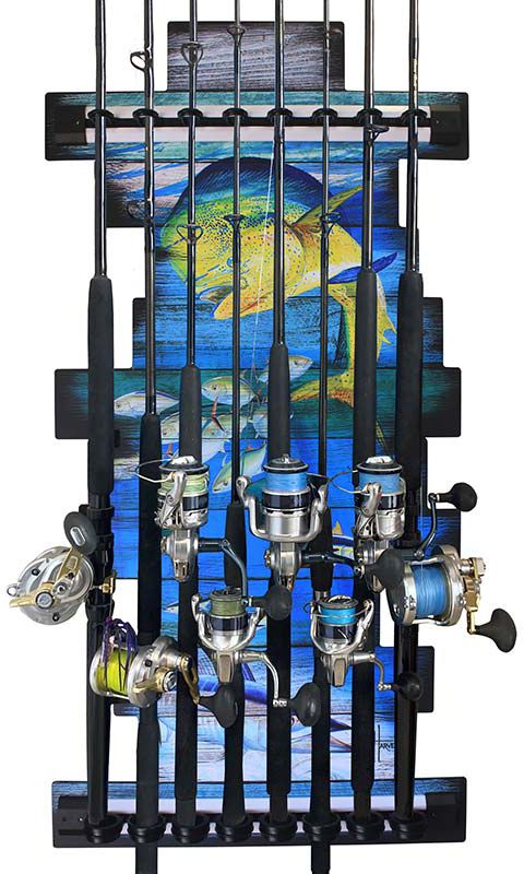 Rush Creek Guy Harvey Mahi Fishing Wall Storage Rack 8 Rod Holder