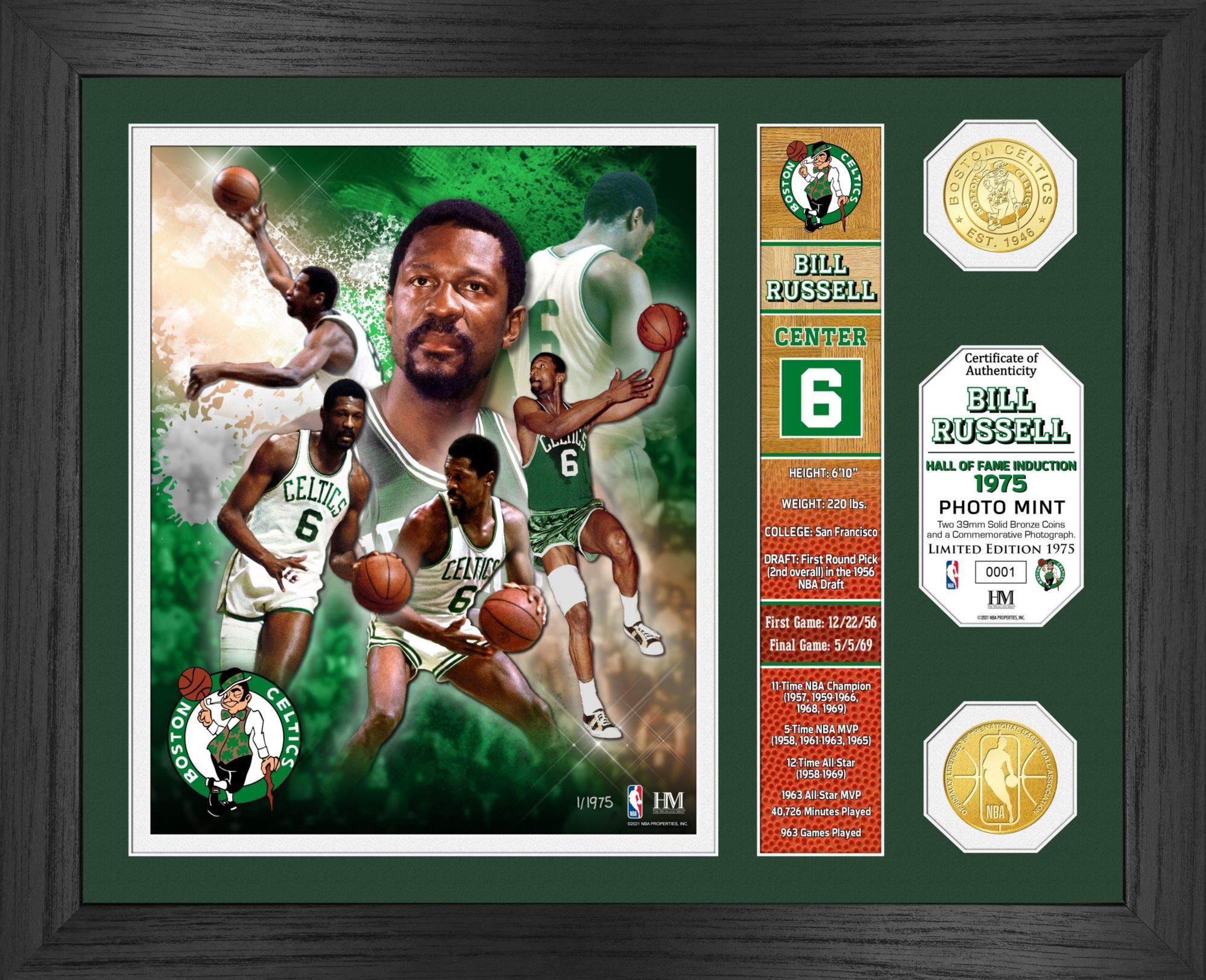 Highland Mint Boston Celtics Bill Russell Hall Of Fame Banner Bronze Coin Photo Frame