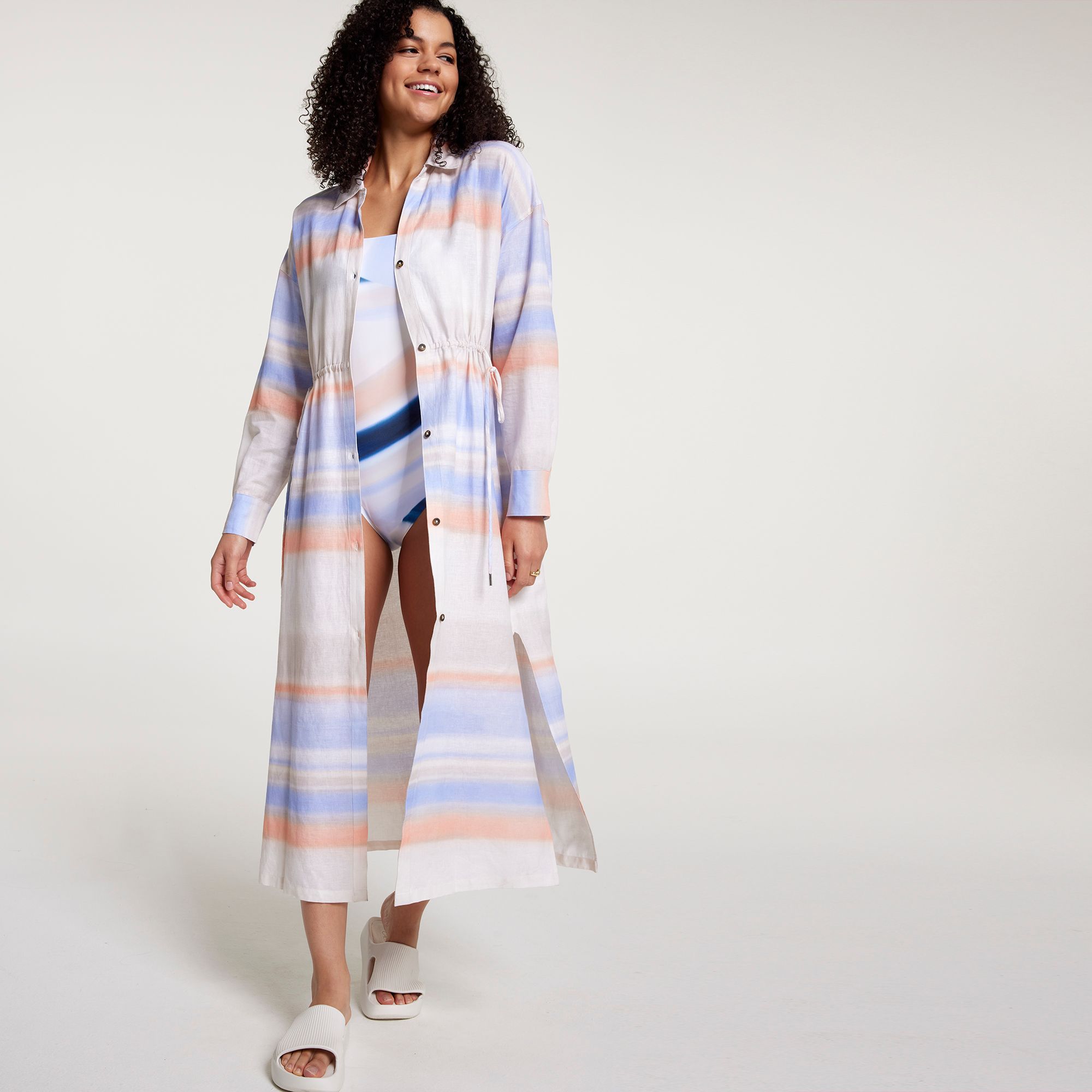 CALIA Women's Cinched Waist Long Sleeve Button Down Swim Dress