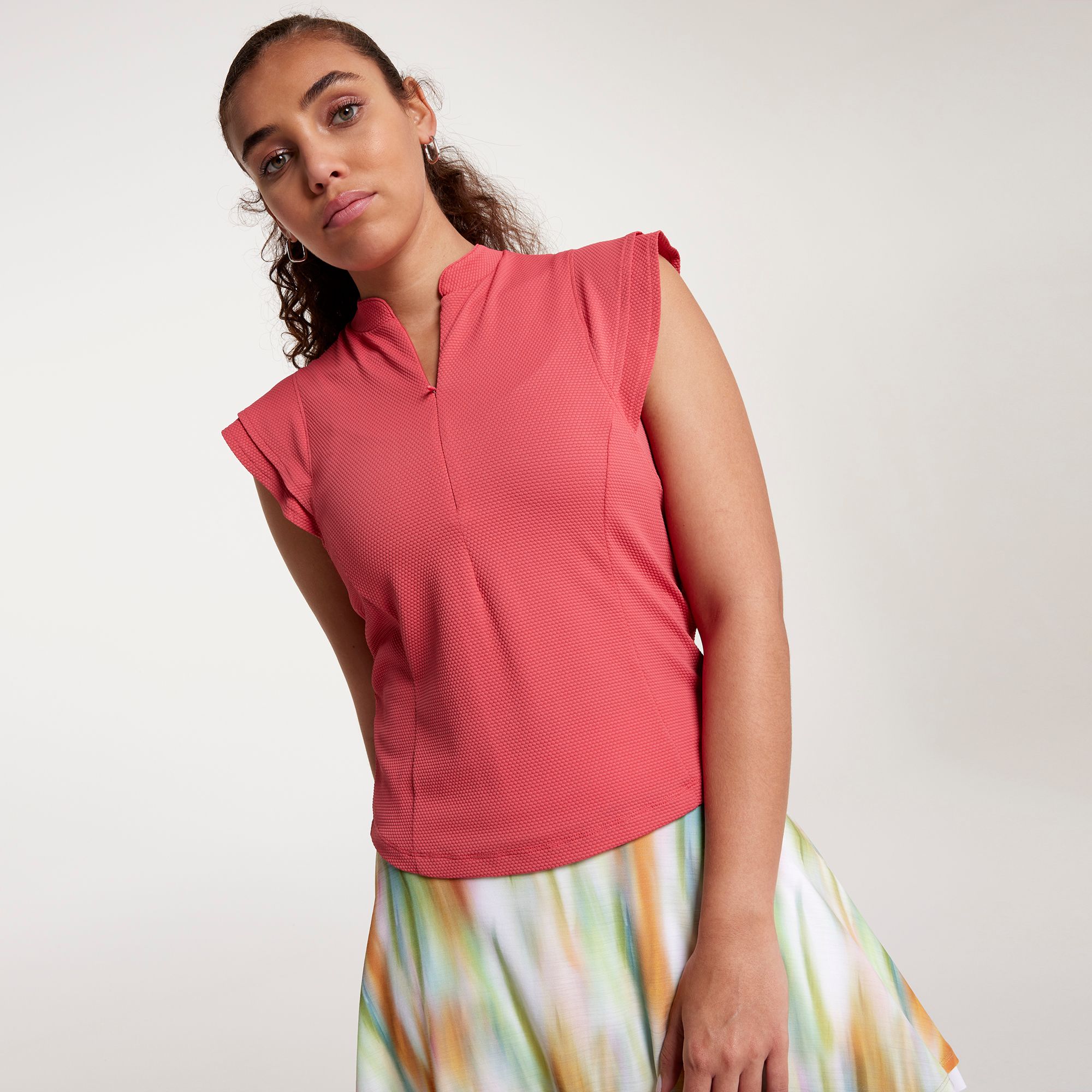 CALIA Women's Renew Texture Cap Sleeve Zip Golf Top, XXL, Guava Pink