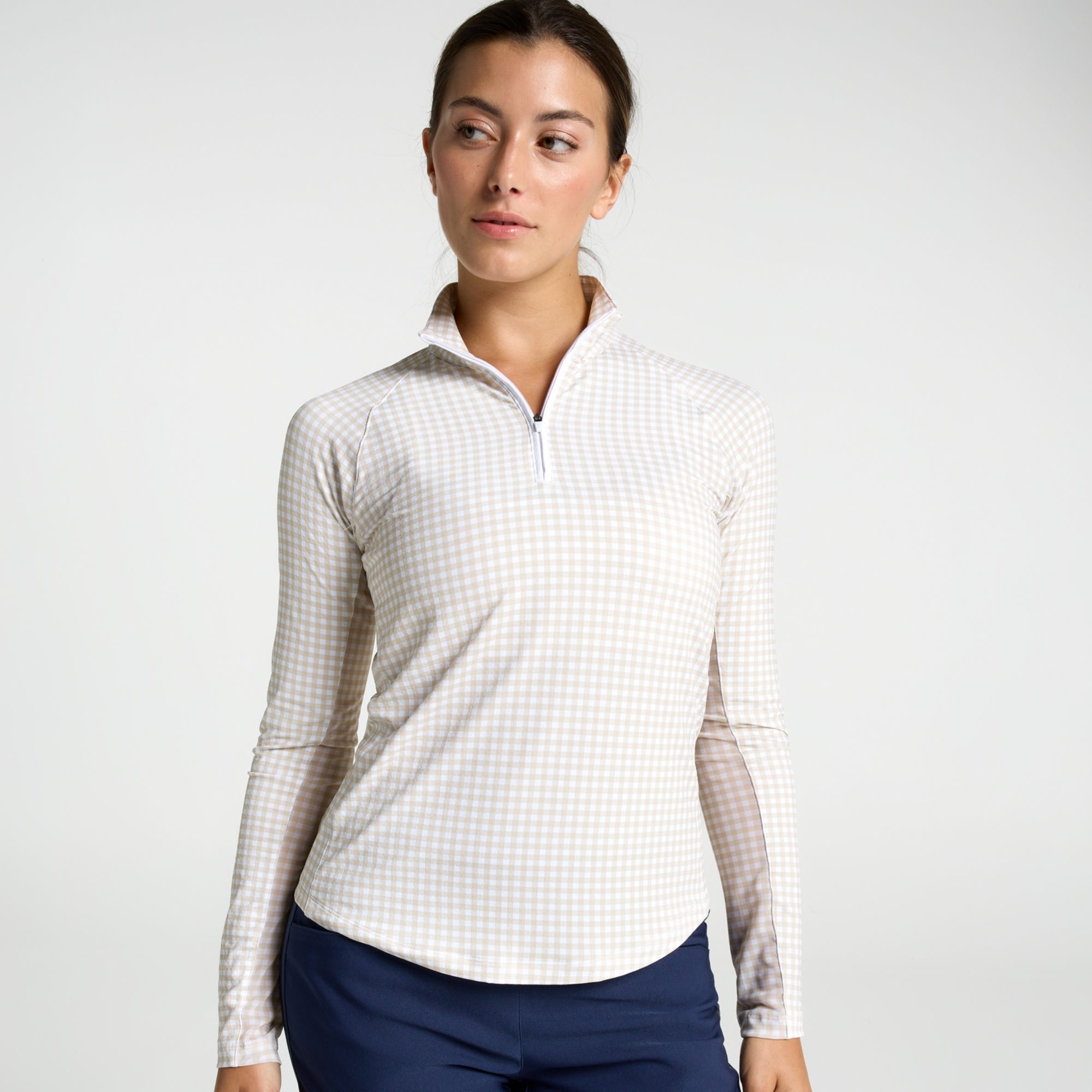 Walter Hagen Women's Performance 11 UV Suncover 1/4 Zip, Medium, Tiny Gingham Khaki Brown