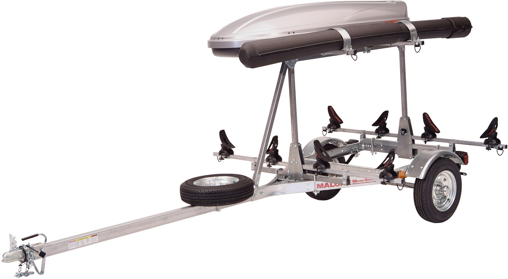 Malone Auto Racks MicroSport LowBed Trailer with Tier, Spare, 2 sets SaddleUp, Cargo Box, and Rod Tube