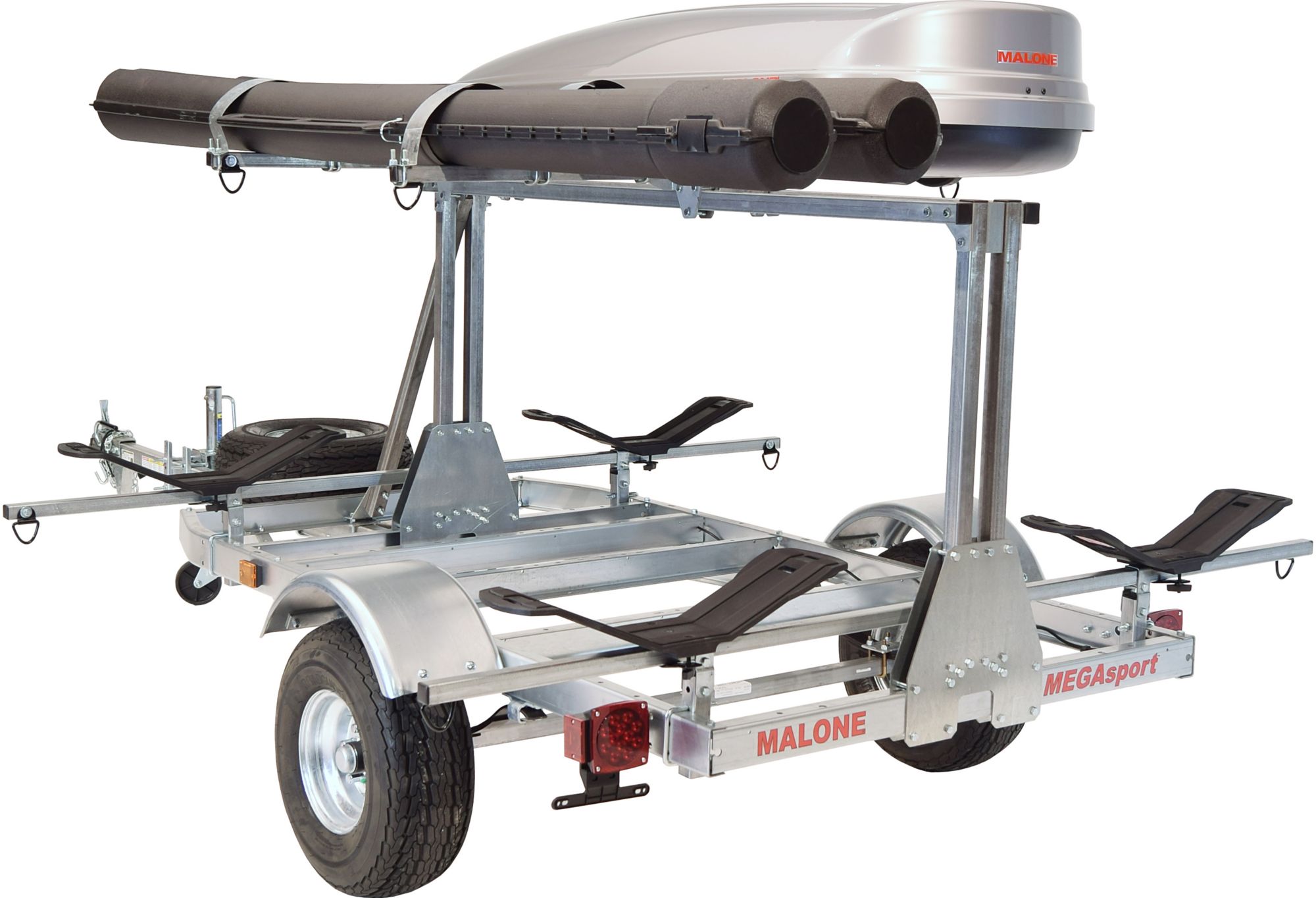 Malone Auto Racks MegaSport LowBed Kayak Trailer with Tier, Spare, 2 sets MegaWings, Cargo Box, and 2 Rod Tubes