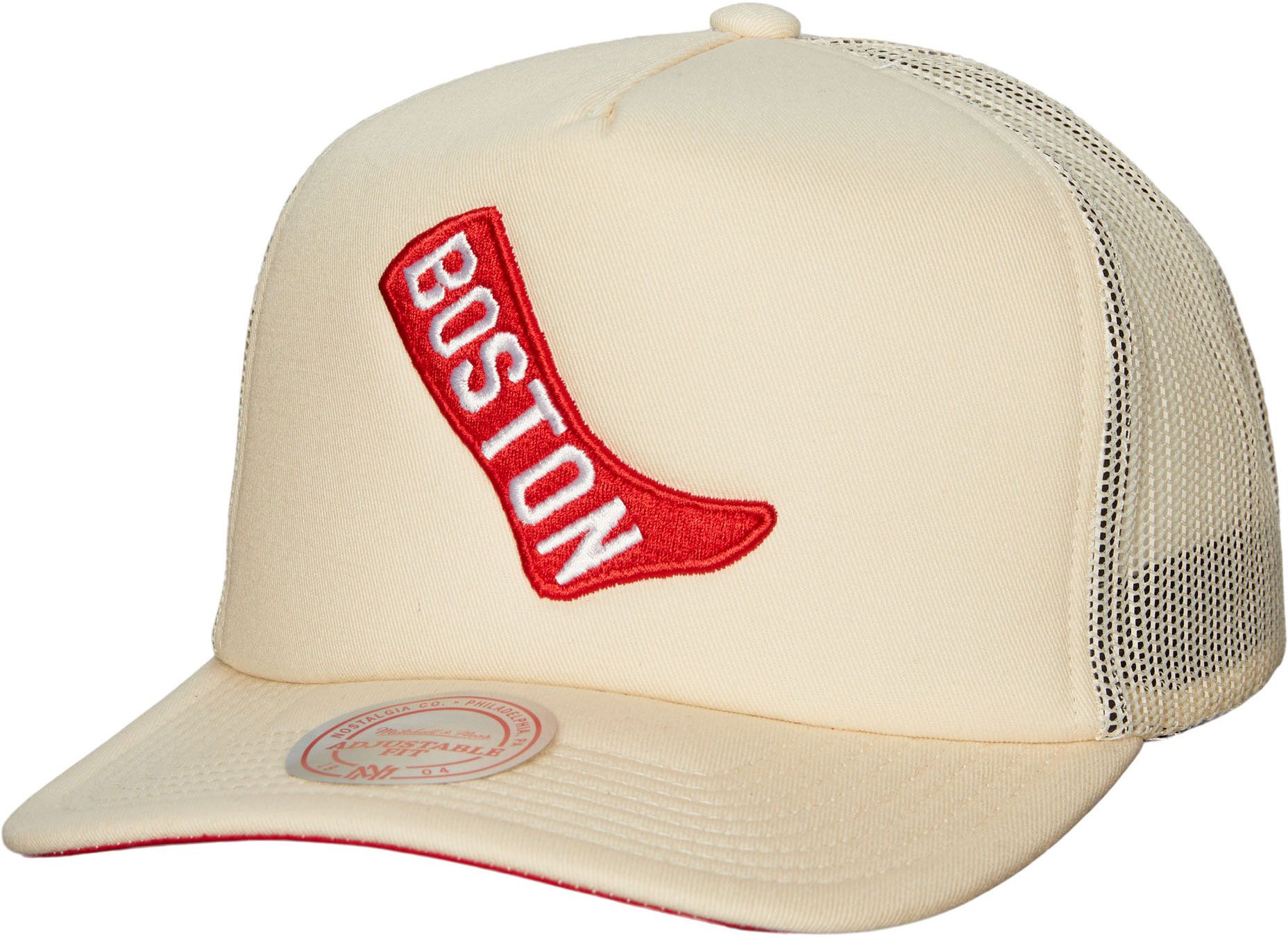 Mitchell &amp; Ness Adult Boston Red Sox White Coop Evergreen Trucker Hat