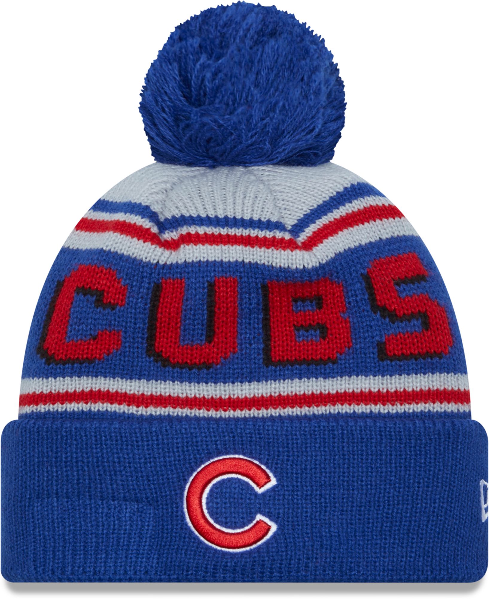 New Era Adult Chicago Cubs Blue Wordmark Pom Knit Hat